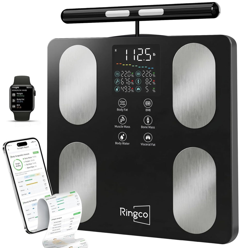 Ringco Body Pod Smart Scale with BMI, Body Fat, Muscle Mass, 8-Electrode Glass Platform

