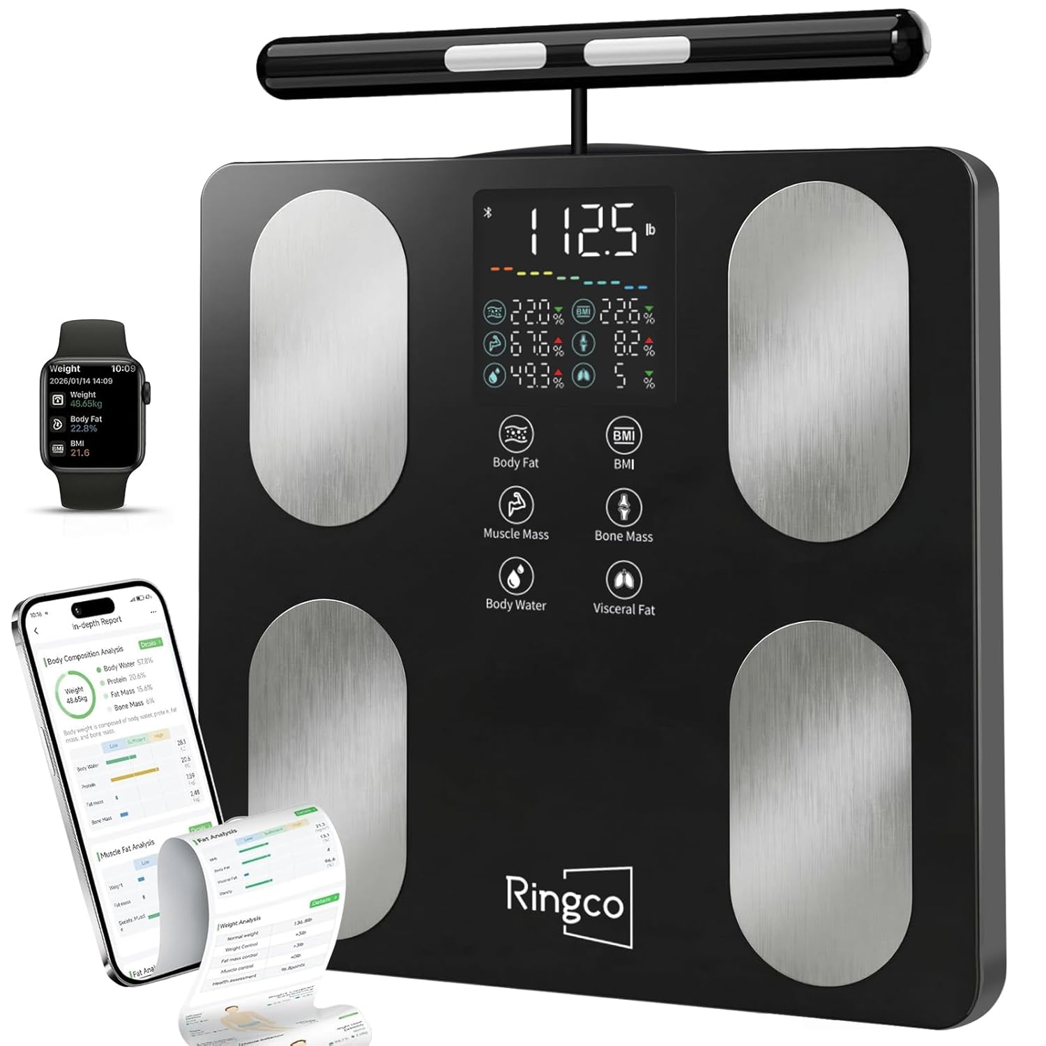 Ringco Body Pod Smart Scale with BMI, Body Fat, Muscle Mass, 8-Electrode Glass Platform

