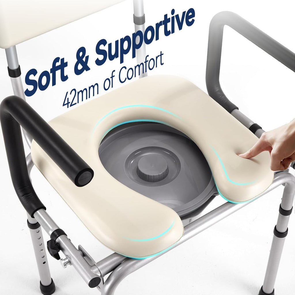 Drop-Arm Bedside Commode with Padded Seat and Backrest, 400 lb Portable Toilet

