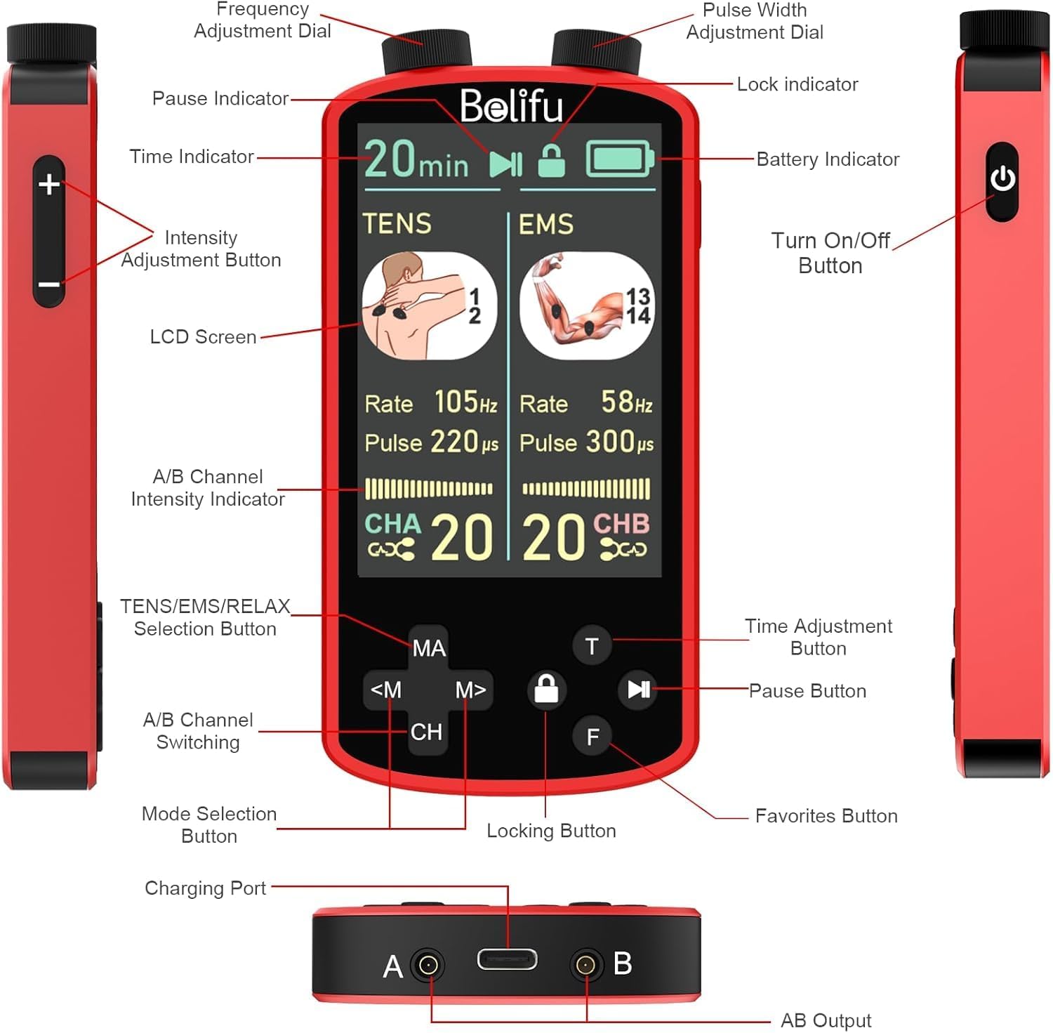 Belifu TENS EMS Muscle Stimulator for Pain Relief Therapy, 4-in-1


