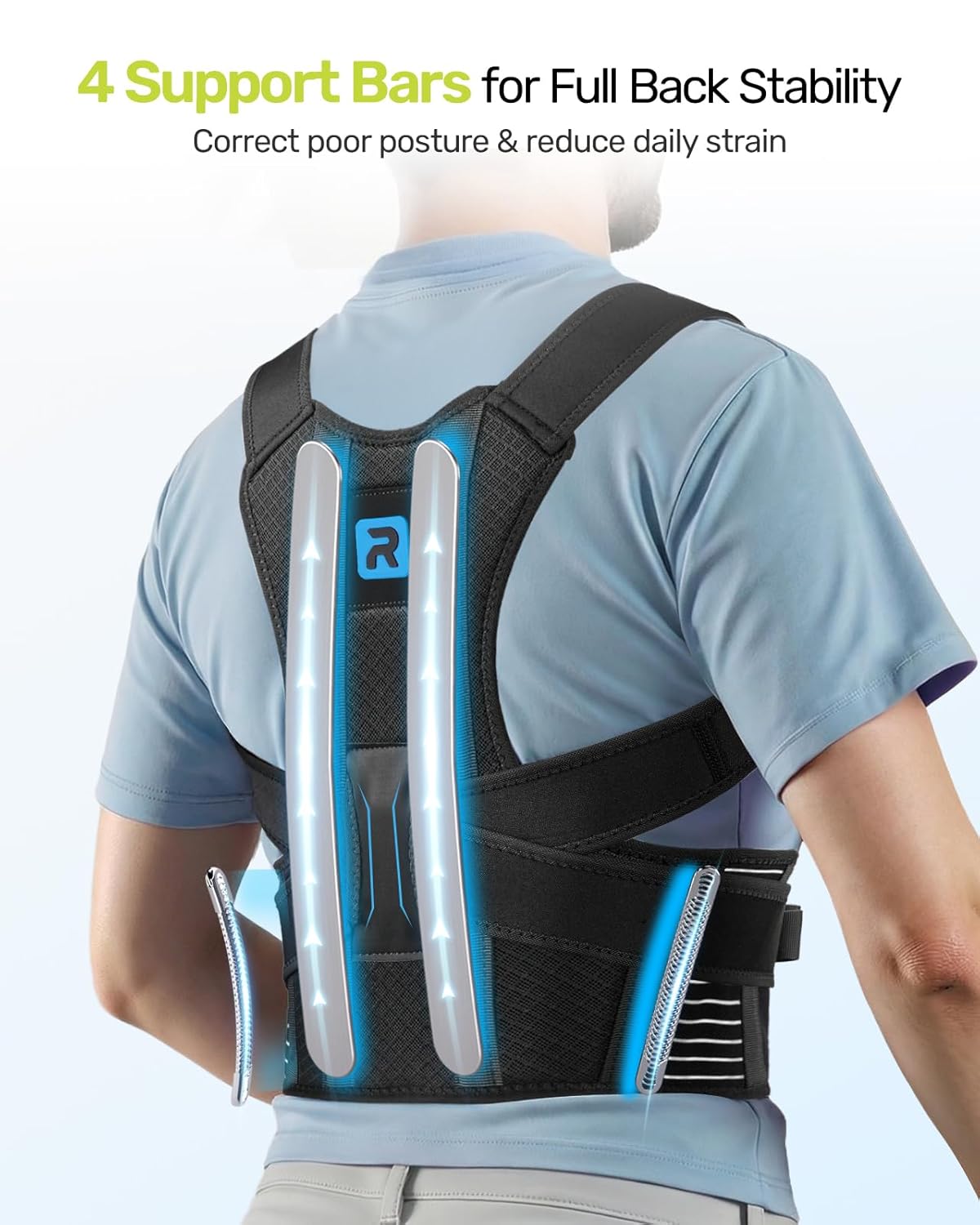 Rakiie Posture Corrector Back Support Brace with 4 Support Bars Adjustable Straps

