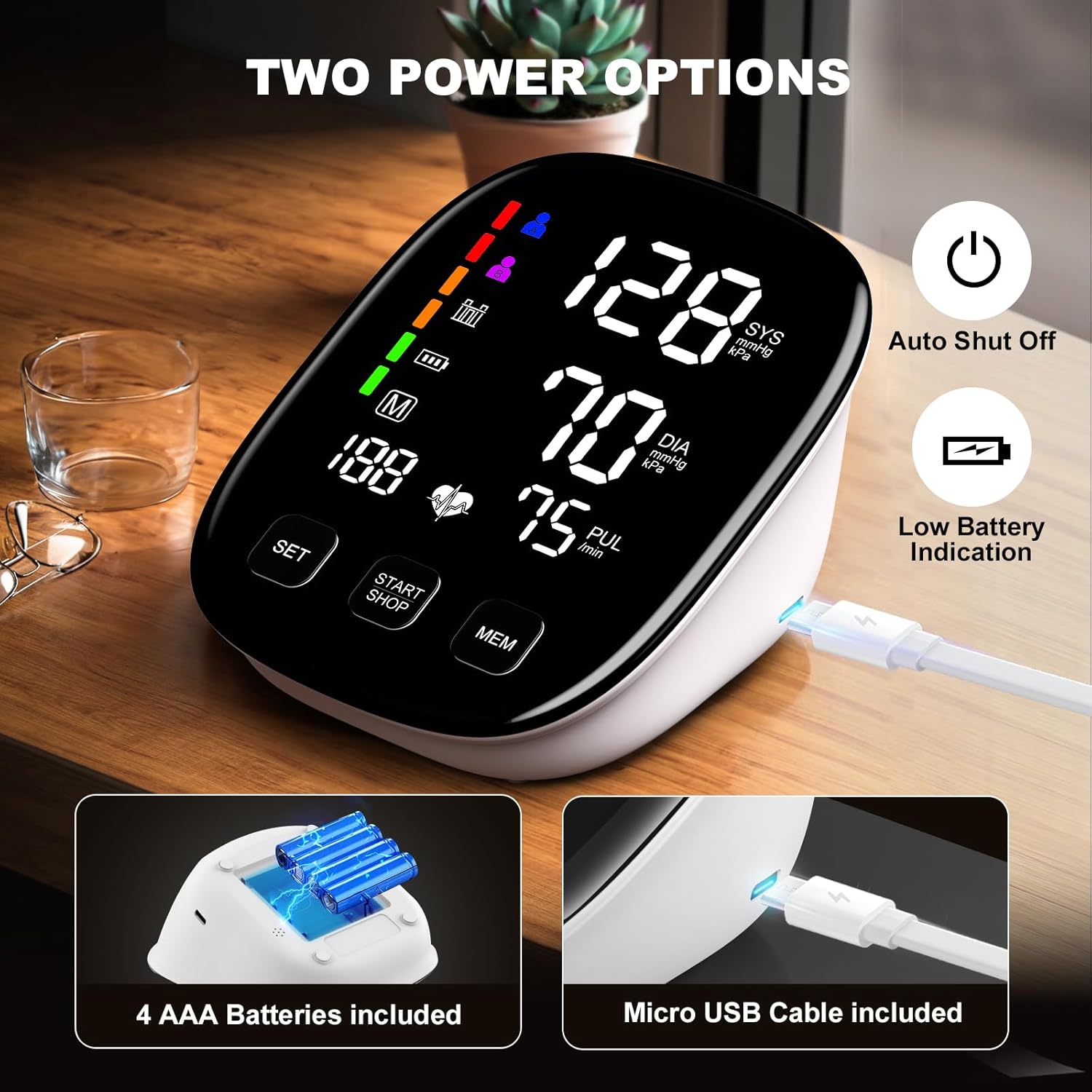 Blood Pressure Monitor for Home Use, Upper Arm, Backlit Display, Dual Power, WHO Indicator

