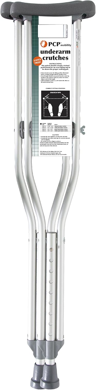 PCP Aluminum Underarm Crutches, Push-Button Adjustable Height, Lightweight (1 Pair)

