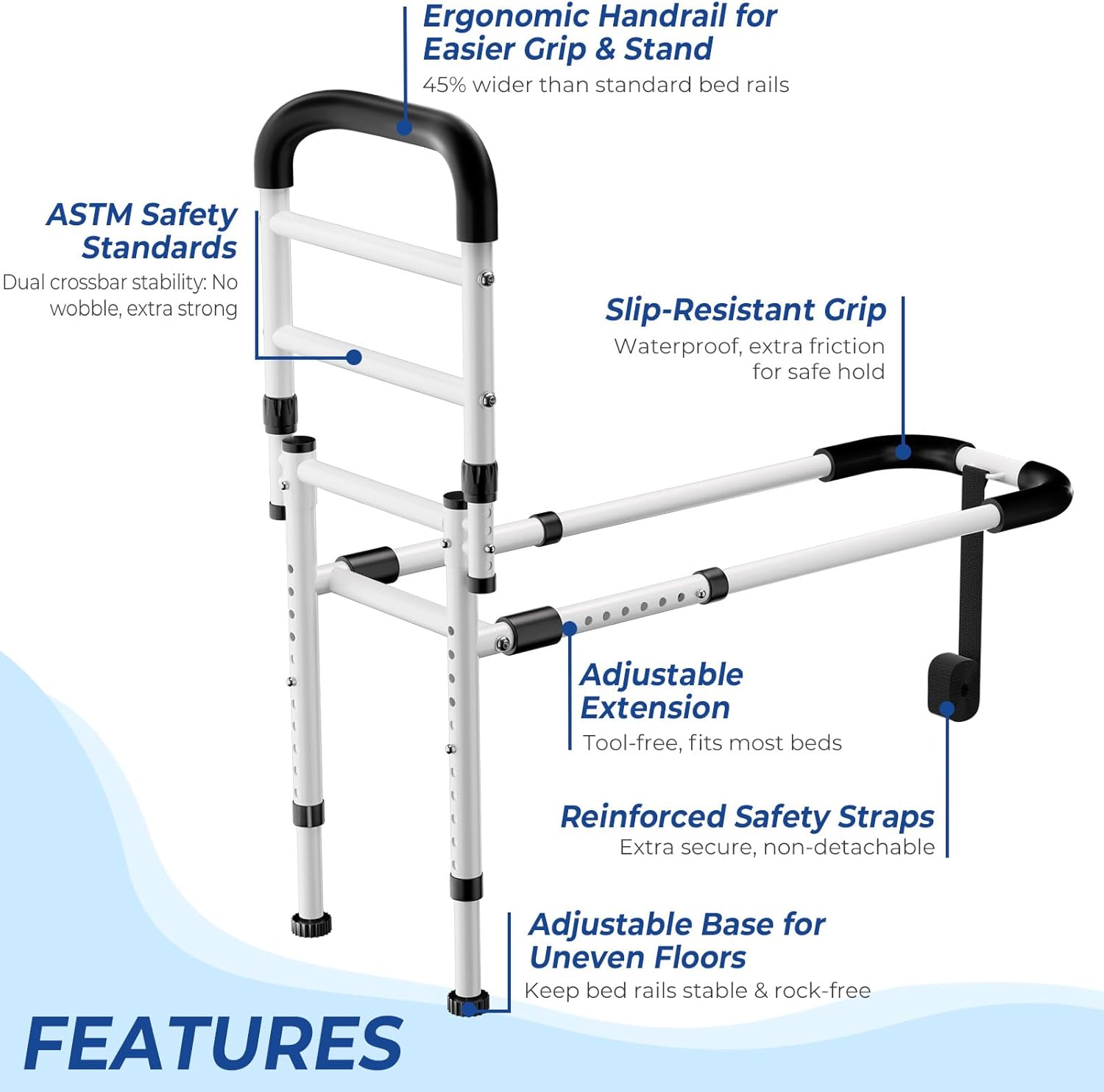 KingPavonini Bed Rails for Elderly Safety ASTM-Approved Bed Cane Anti-Wobble Feet

