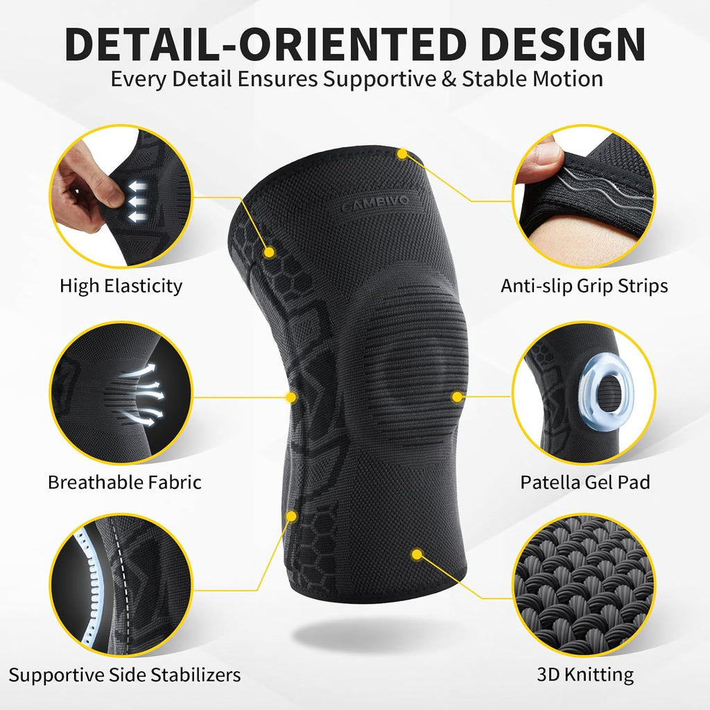 CAMBIVO Knee Brace Knee Sleeves with Patella Gel Pad and Side Stabilizers, 2-Pack

