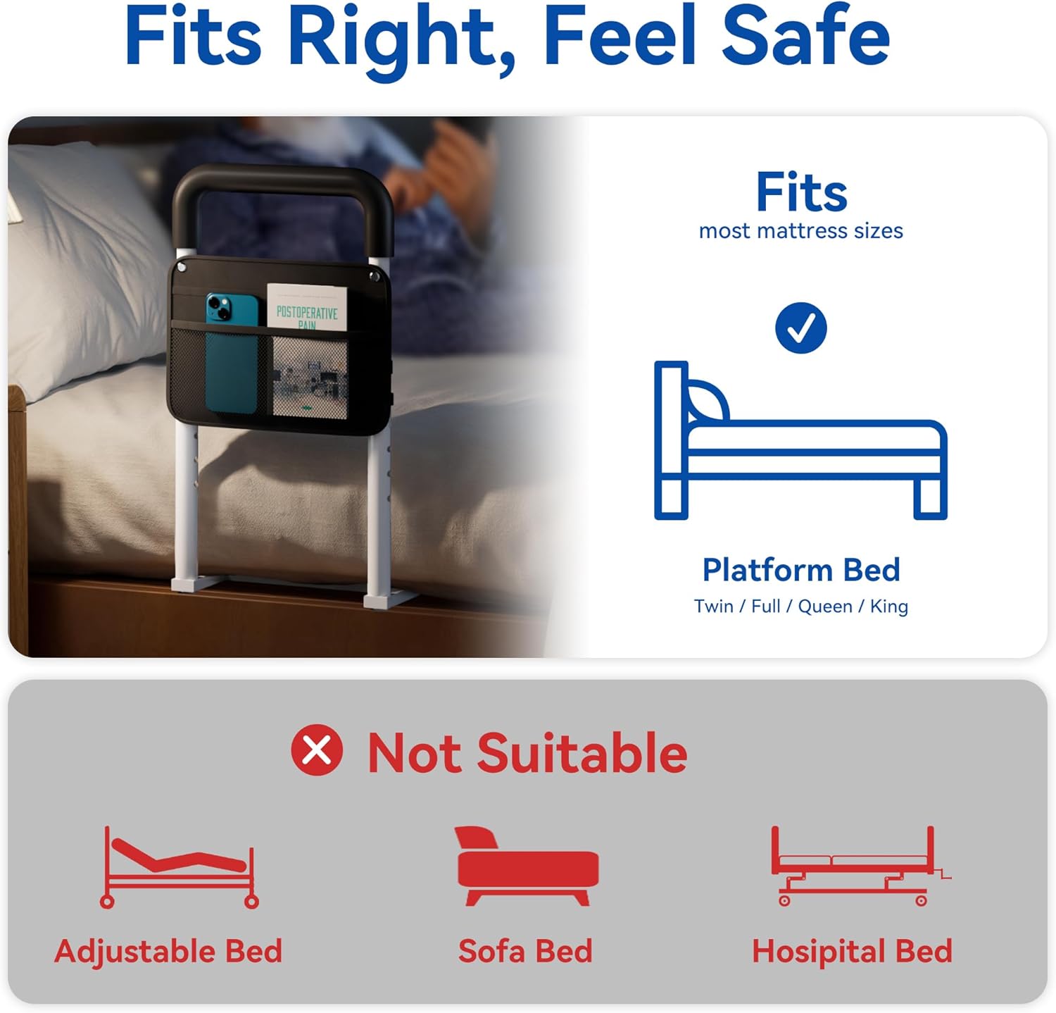 Bed Rails for Elderly Adults, Adjustable Bedrail with Non-Slip Handle and Storage Pocket

