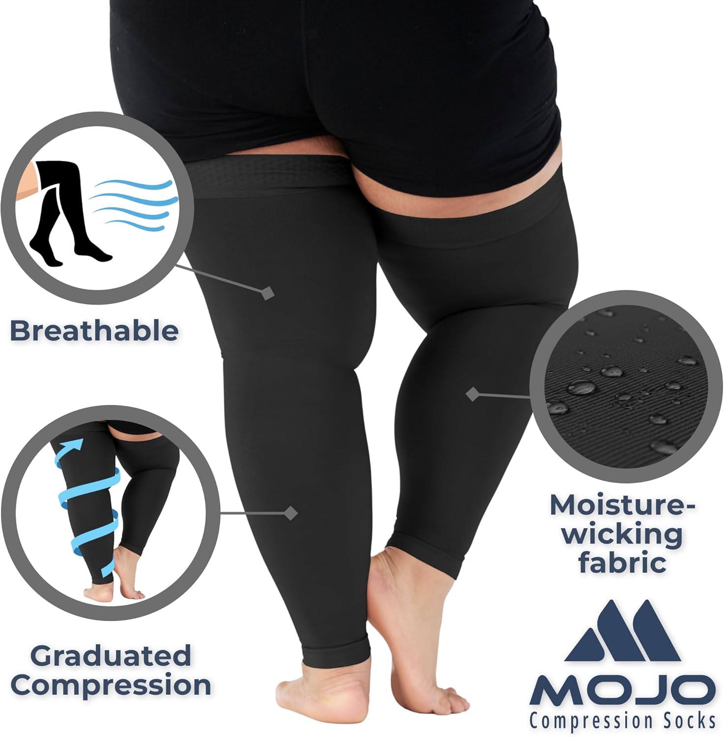Mojo Compression Socks Thigh-Hi 20–30 mmHg Graduated Support Grip Top Pair

