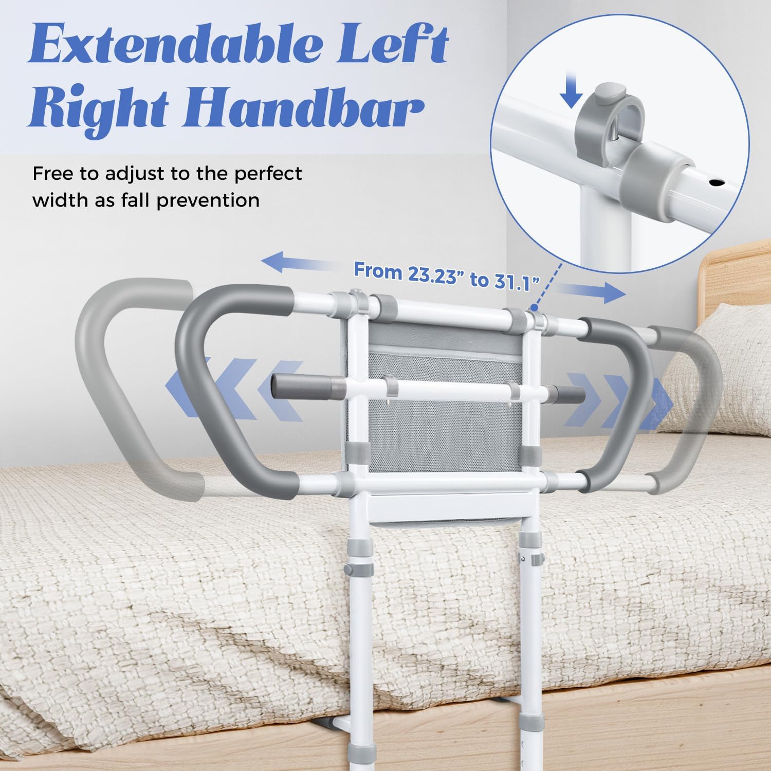 Bed Assist Rail with Storage Pouch, Height-Adjustable Stainless Steel Bed Rails

