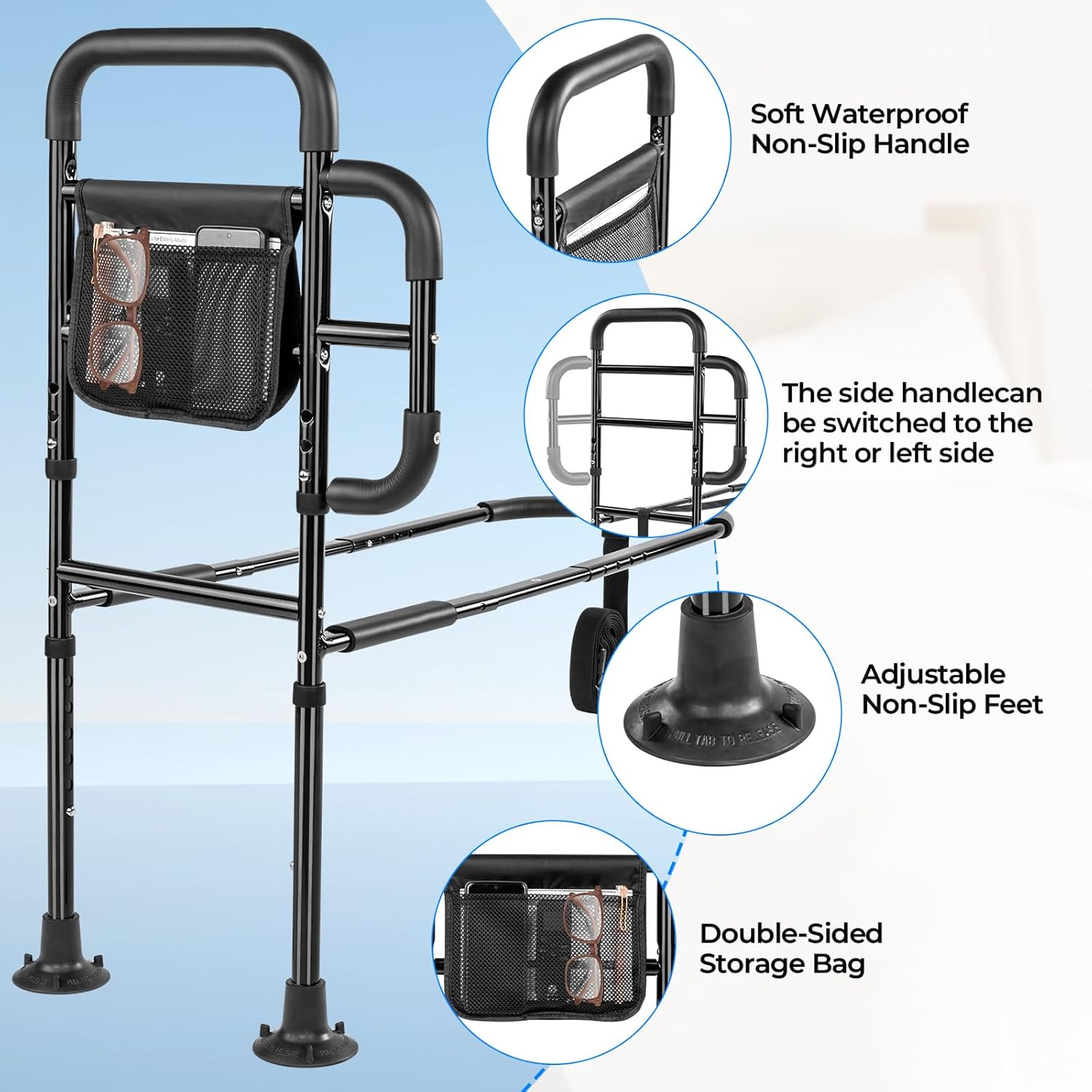 Portable Bed Assist Rail for Seniors, Non-Slip Grab Bar with Storage Pouch

