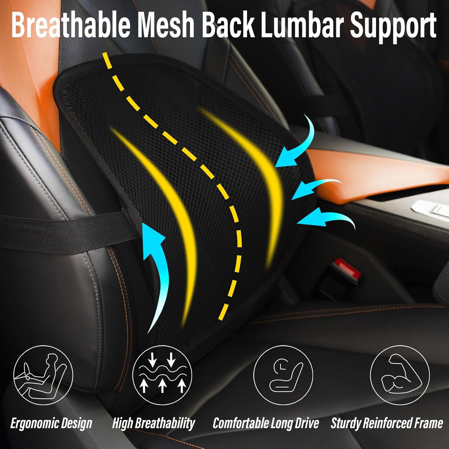 Lumbar Support Back Pillow for Office Chair and Car, Breathable Comfort Straps

