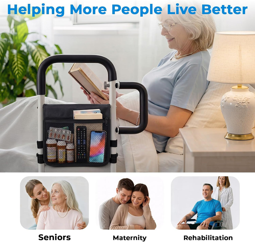Adjustable Bed Rail for Seniors with Motion Sensor LED, Non-Slip Handle, Storage Bag

