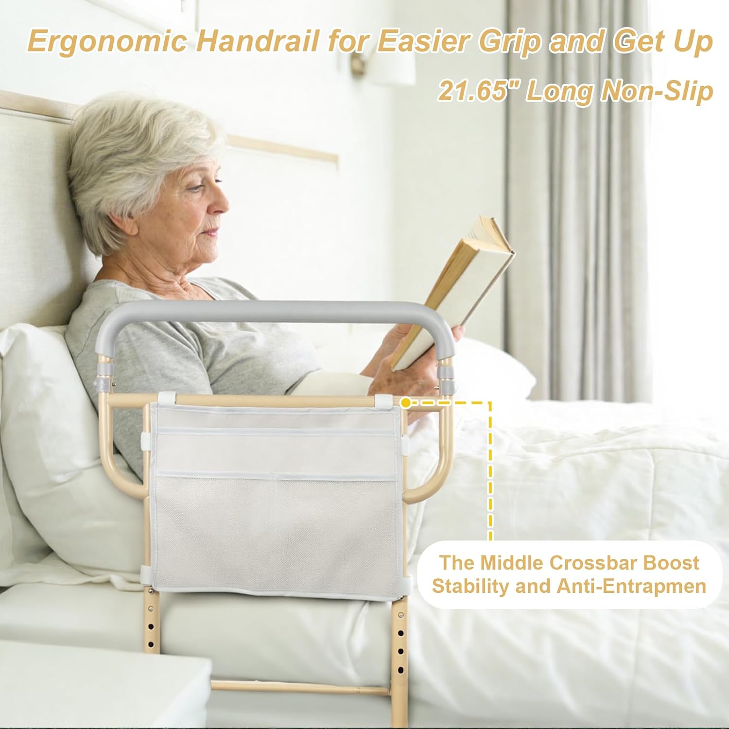 Bed Rails for Seniors with Non-Slip Handle, Storage Pocket, 360° Swivel Feet


