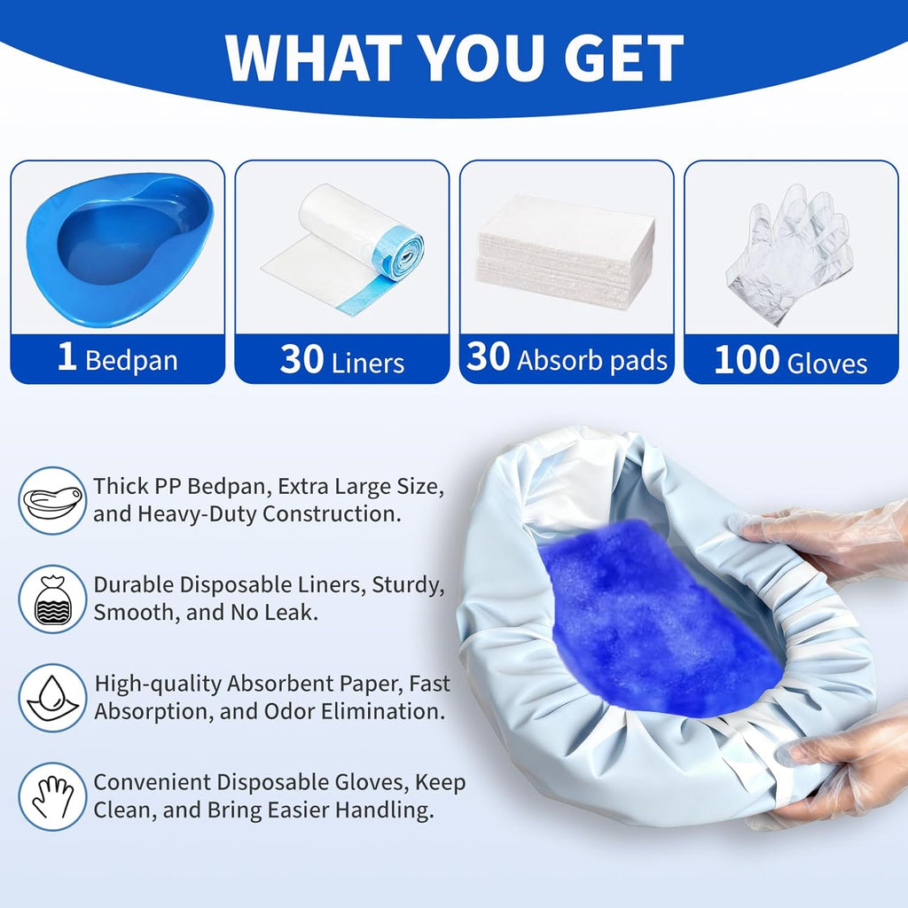 Bedpan Set with Disposable Liners, Absorbent Pads and Gloves for Elderly

