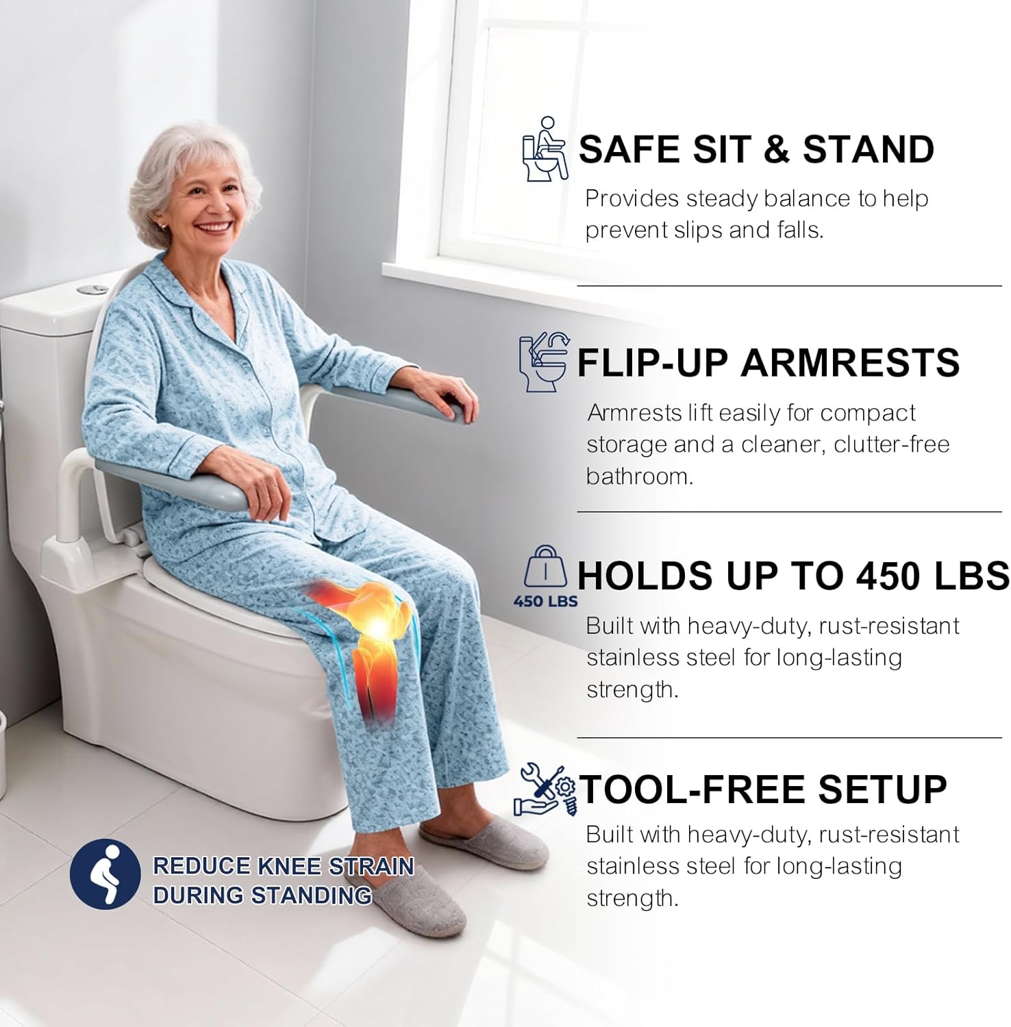 IJDD Toilet Safety Rail with Flip-Up Armrests and Rise-Up Handle, 304 Stainless

