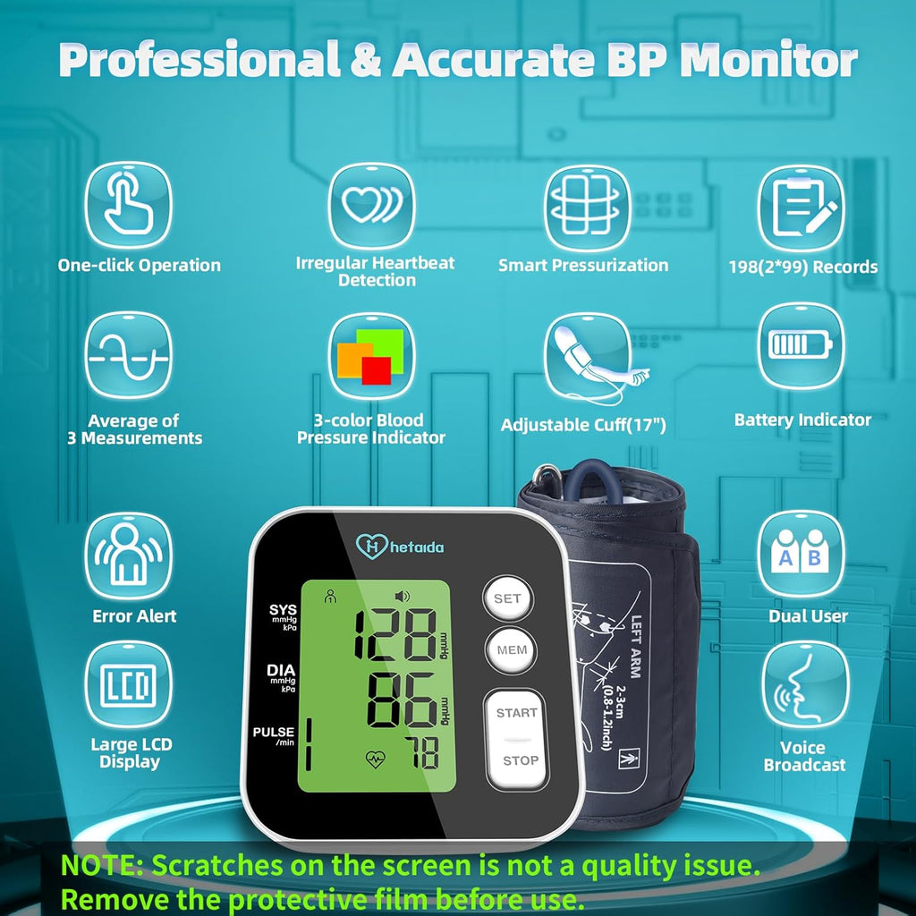 Auto Upper Arm Blood Pressure Monitor with Voice Reading, Backlit LCD, Adjustable Cuff

