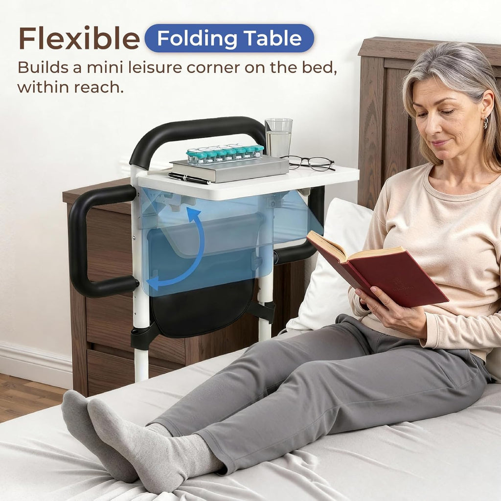Height Adjustable Bed Rail for Elderly with Non-Slip Grip, Assist Bar and Table

