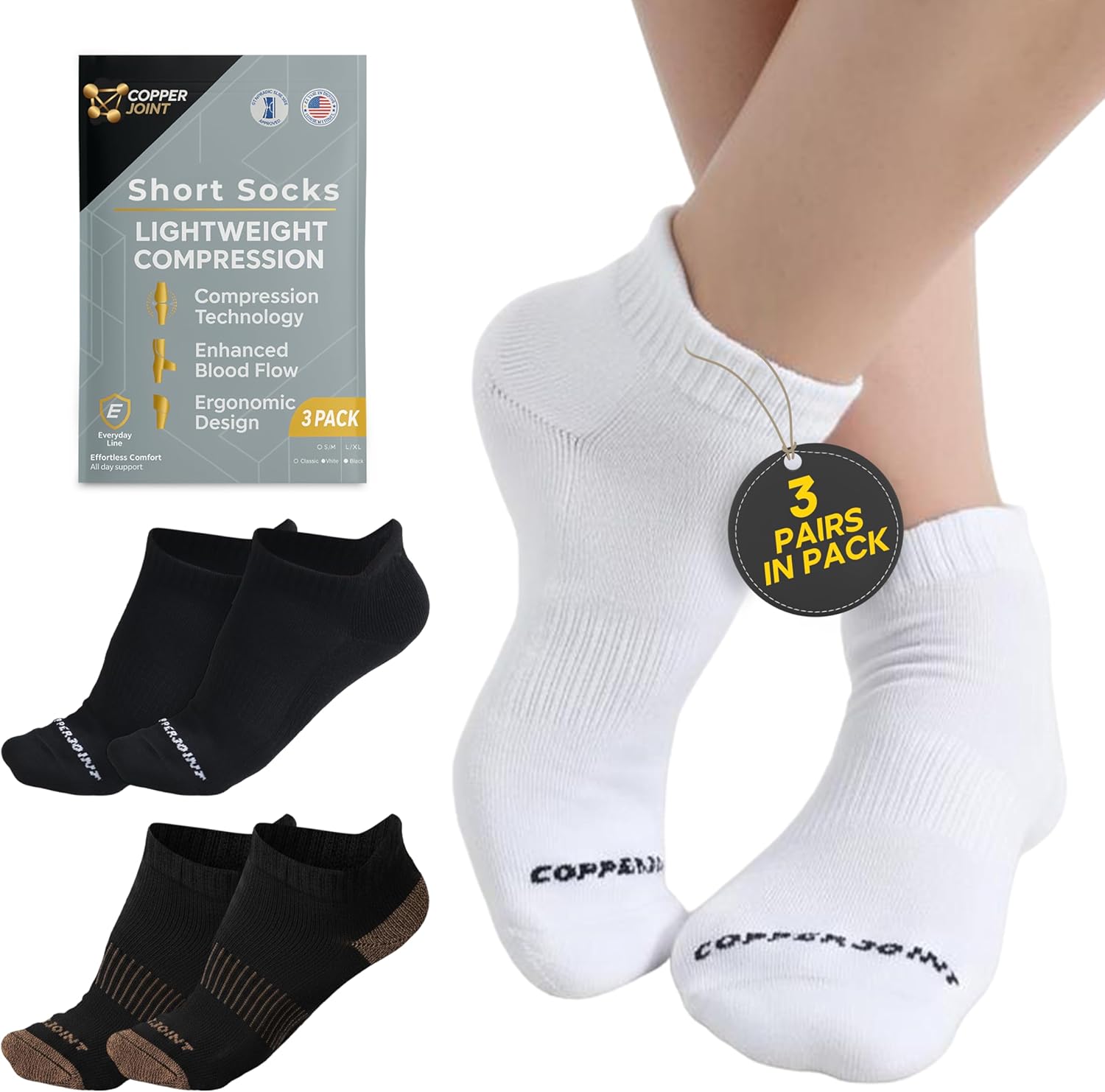 CopperJoint Low Cut Ankle Compression Socks, Breathable Moisture Wicking, 3 Pairs

