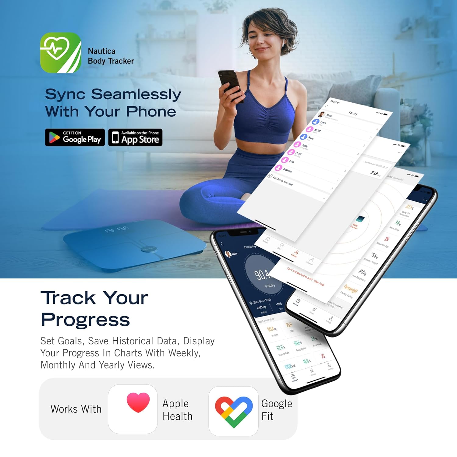 Nautica Smart Body Composition Scale with BMI, Body Fat, Bluetooth App, Hidden LED

