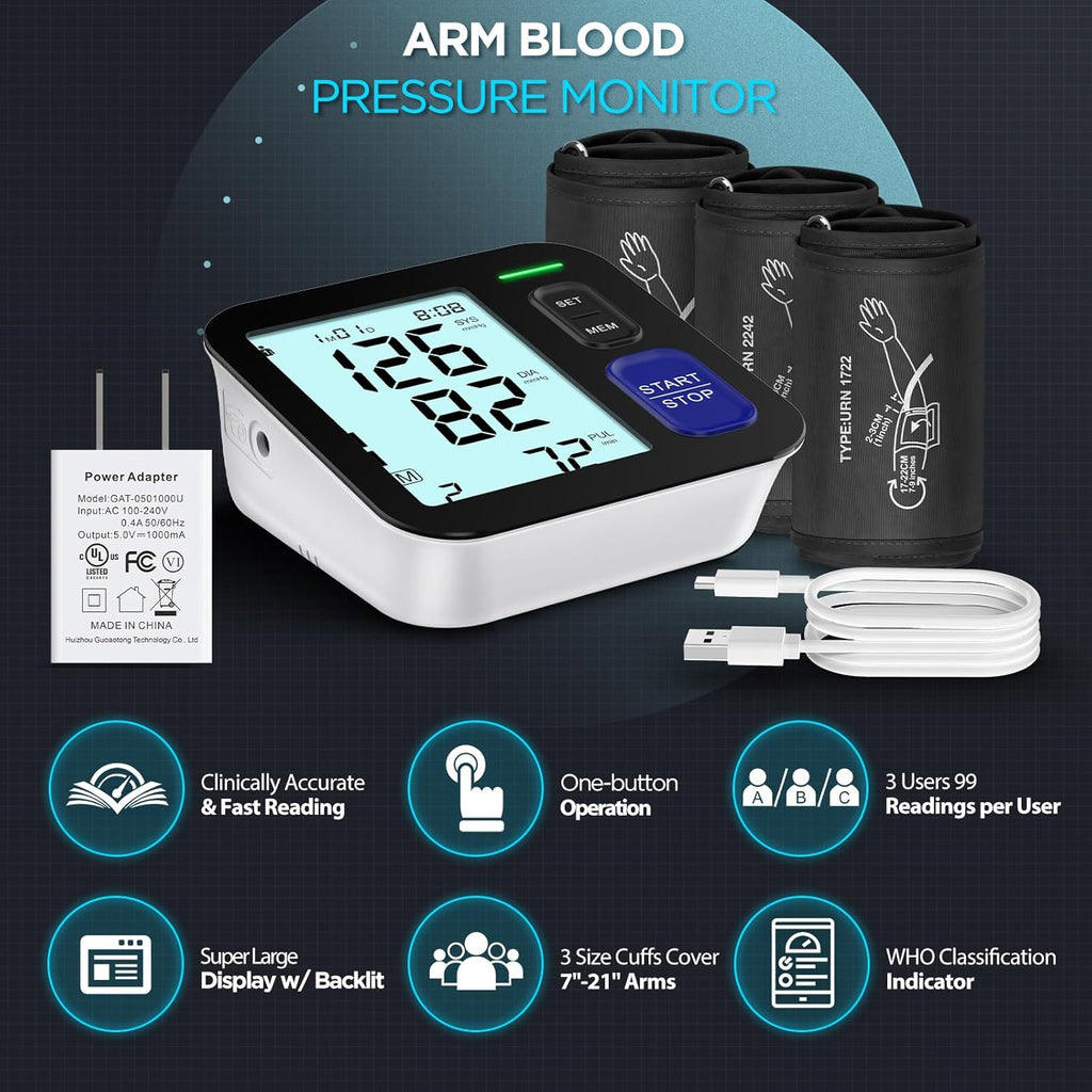 AQESO Upper Arm Blood Pressure Monitor with 3 Adjustable Cuffs, Digital BP Machine


