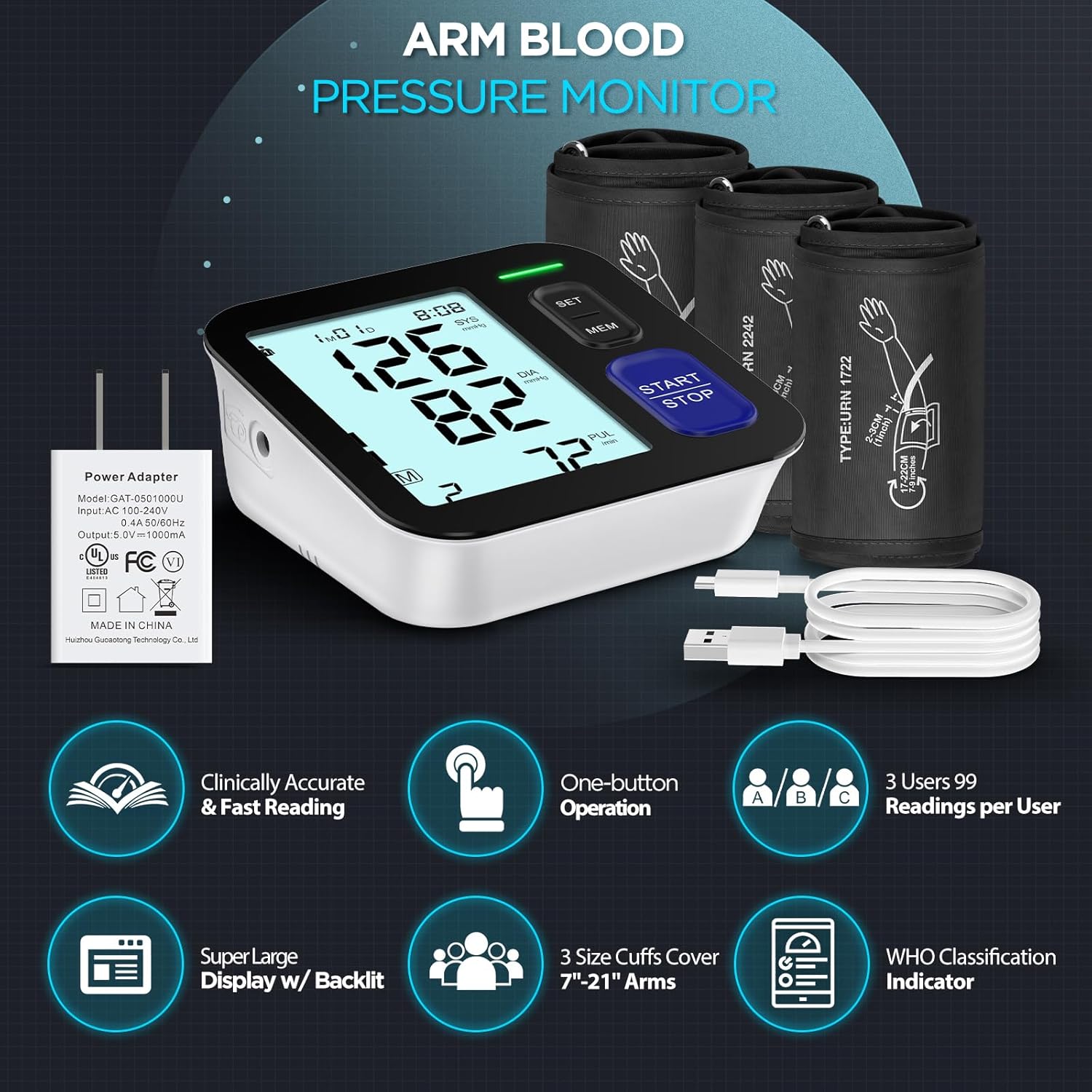 AQESO Upper Arm Blood Pressure Monitor with 3 Adjustable Cuffs, Digital BP Machine

