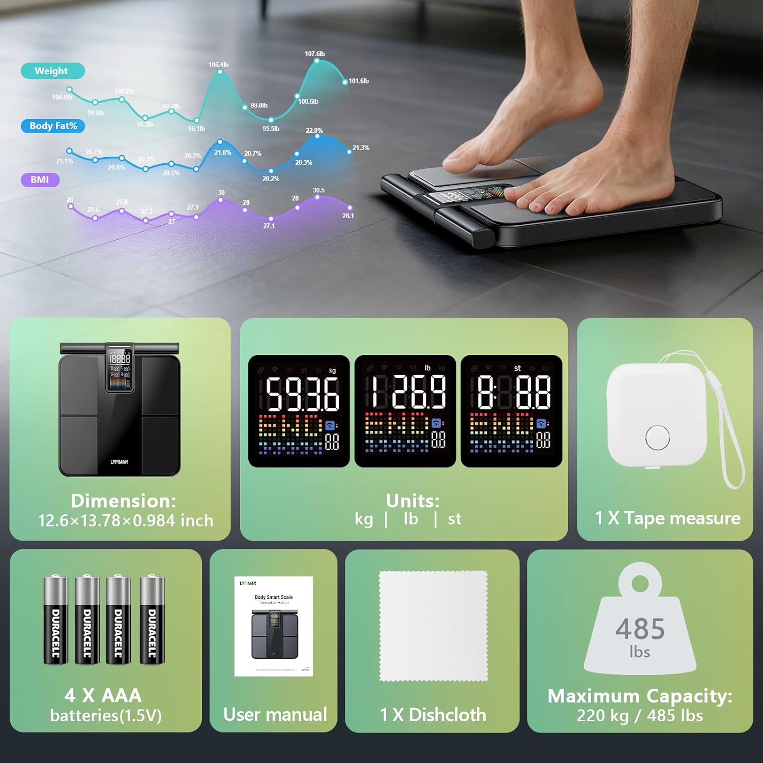 LVPIMAN Smart WiFi Body Fat Scale with 8 Electrodes, Body Composition Metrics


