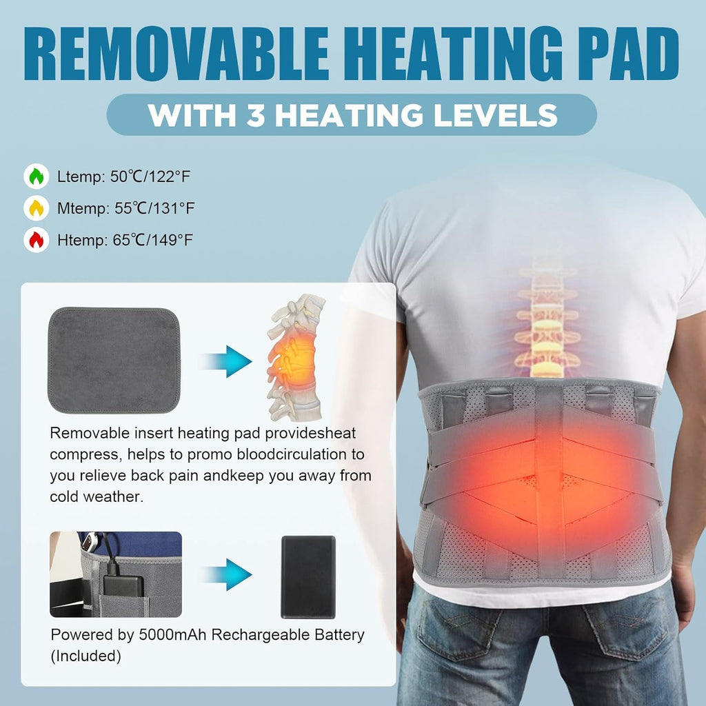 HONGJING Heated Back Support Brace with Rechargeable Battery for Lumbar Relief

