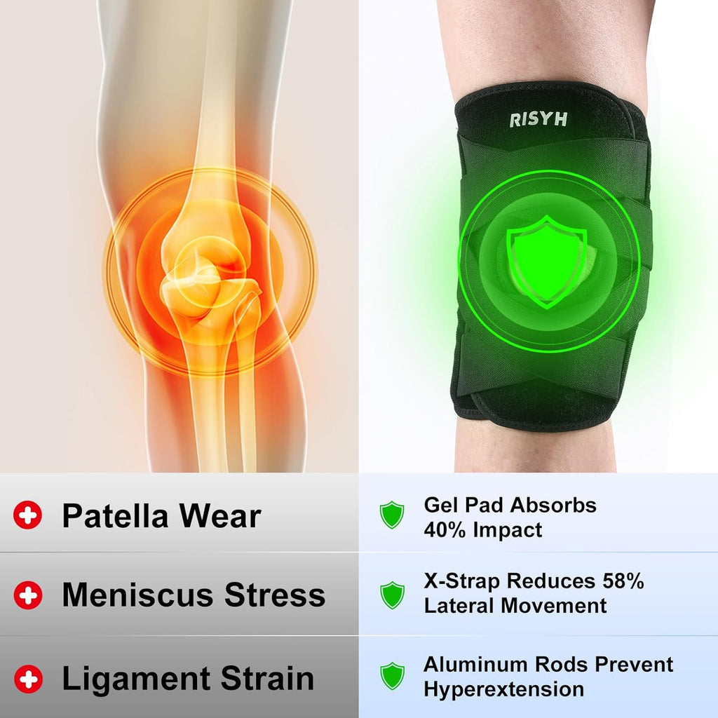 Risyh Adjustable Knee Brace with Cross Strap, Open Patella Gel Pad & Side Stabilizers

