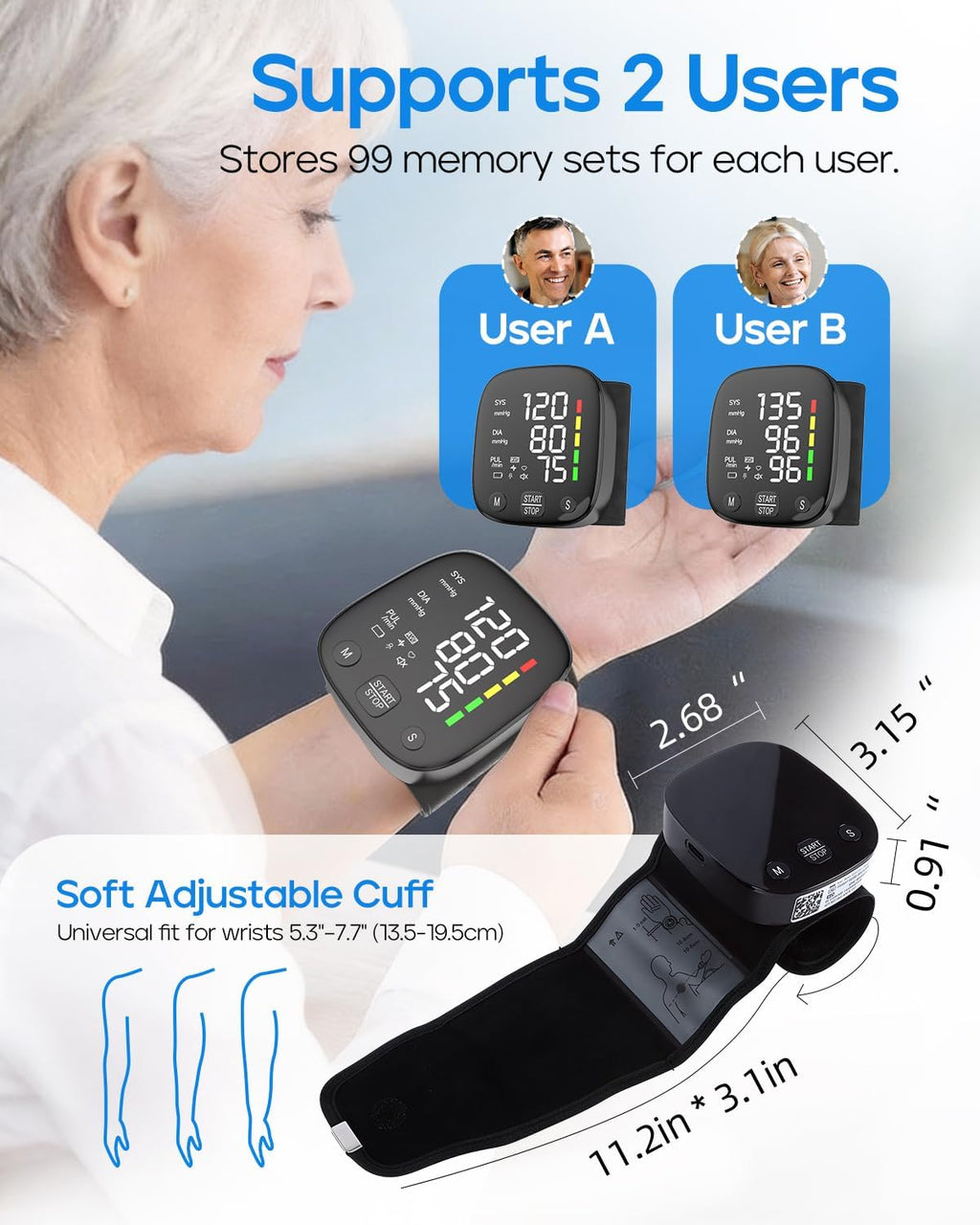 Automatic Wrist Blood Pressure Monitor with Voice Guidance and Dual User Memory

