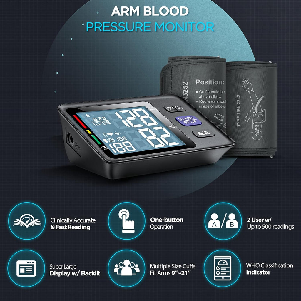 AQESO Upper Arm Automatic Digital Blood Pressure Monitor with Backlit LCD, 2-User

