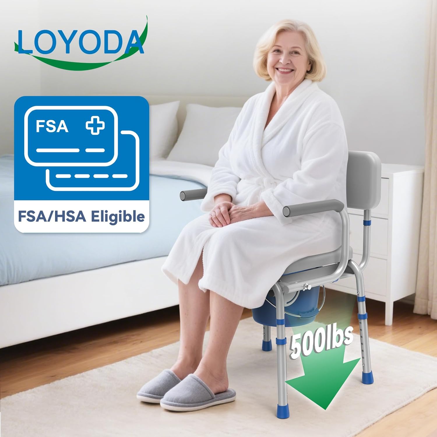 Loyoda Drop Arm Bedside Commode with Padded Seat, Removable Bucket, 500 lb Capacity

