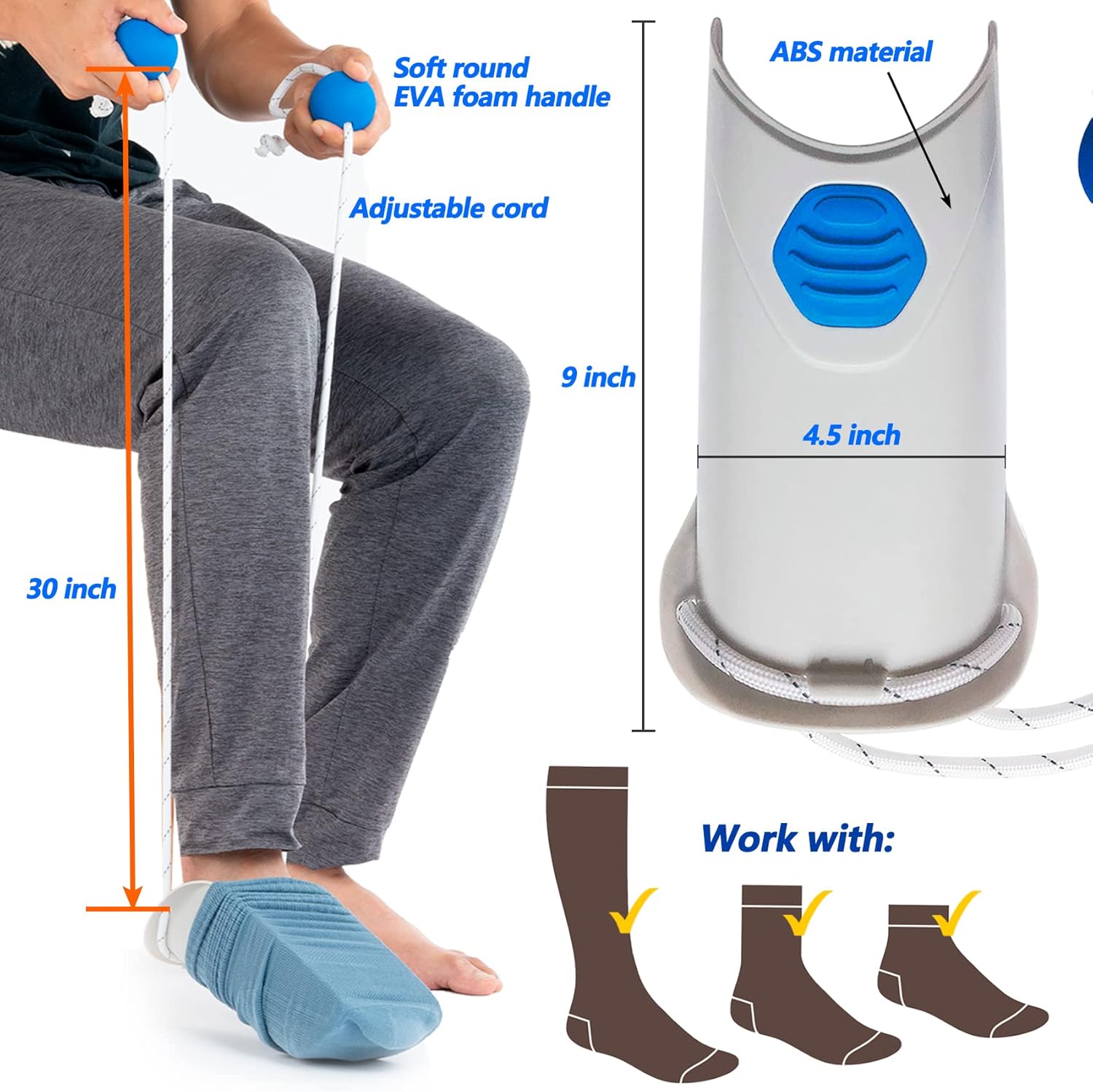 Sock Aid Tool with Adjustable Cords and Ergonomic Foam Handles

