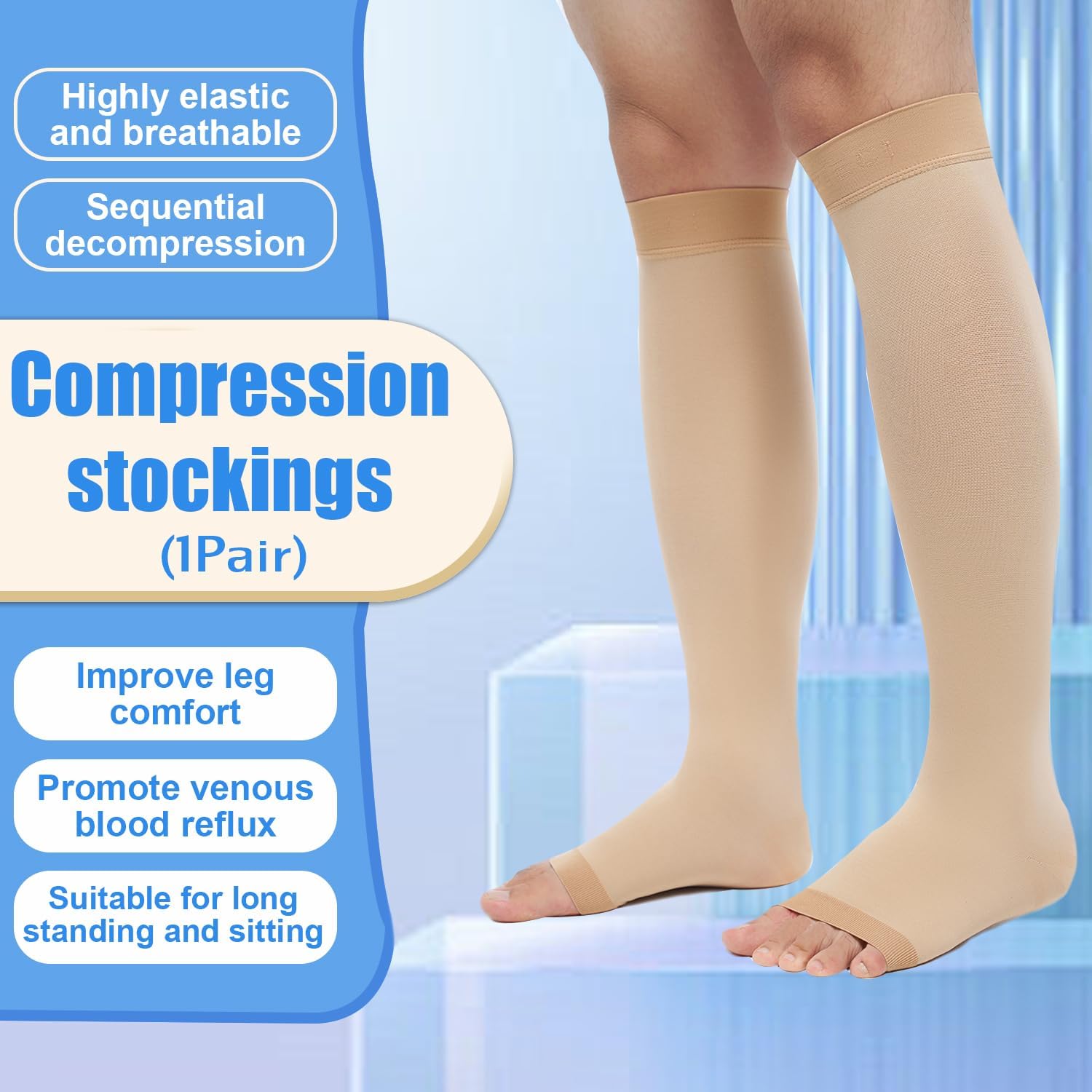 Medical Knee High Compression Socks Open Toe Varicose Veins 8-15 mmHg

