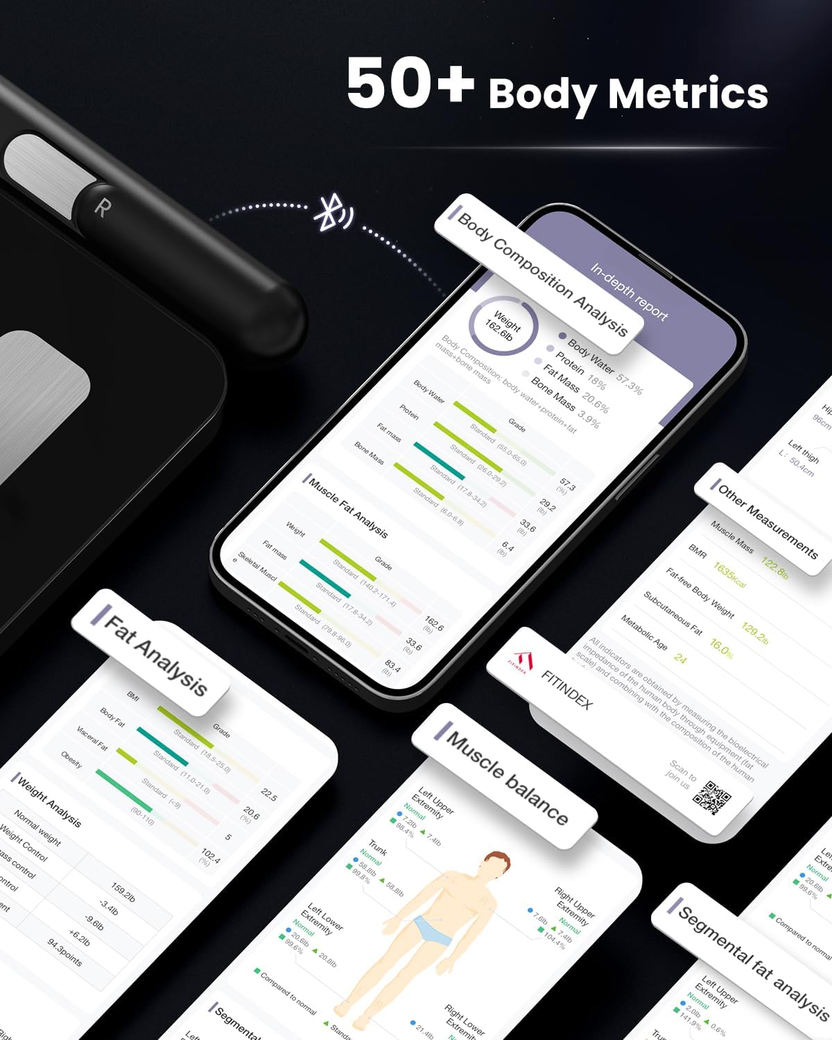 FITINDEX Smart Body Composition Scale with BMI, Body Fat, Muscle Mass, Bluetooth


