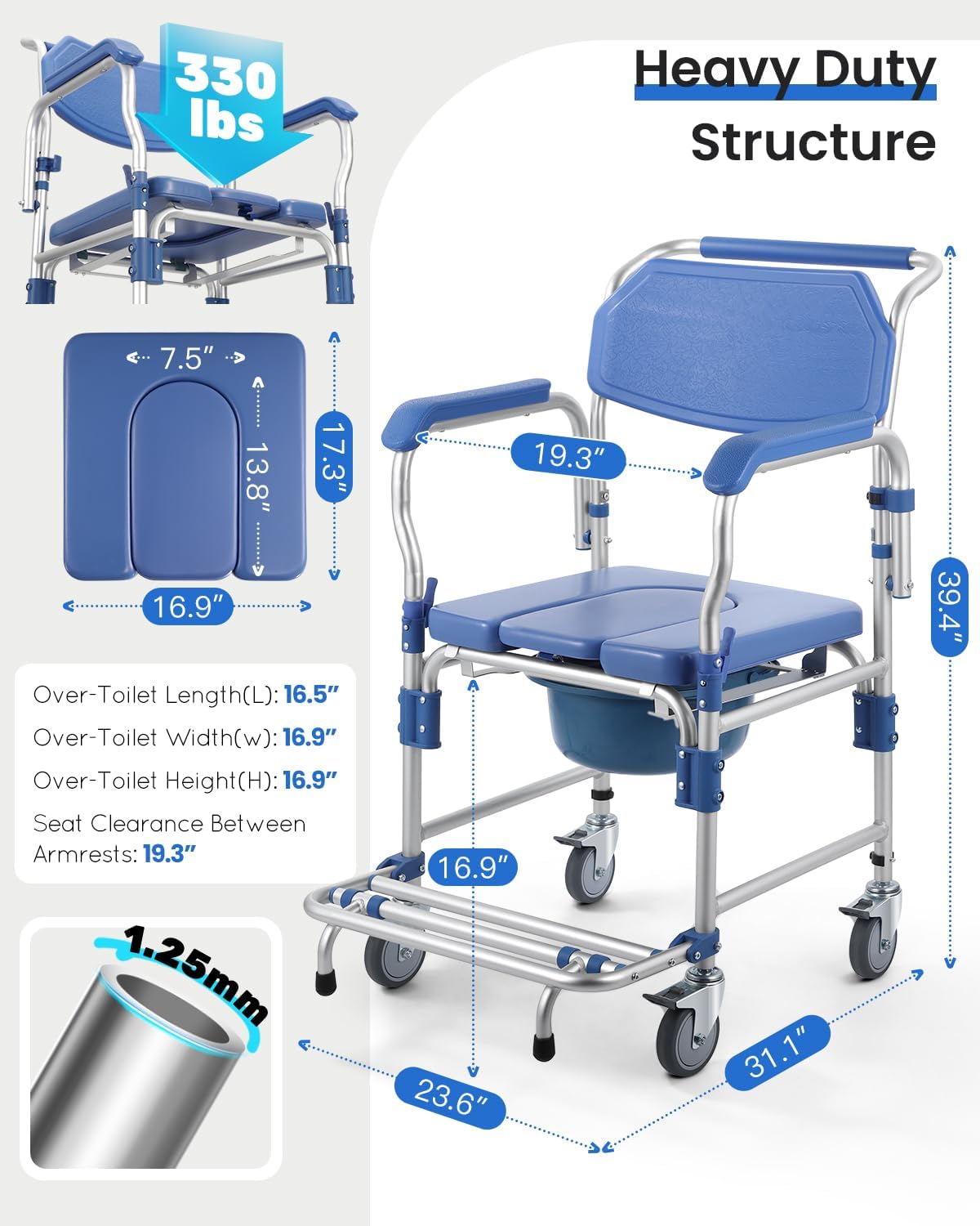 Bedside Commode Wheelchair with Drop Arms, Locking Casters, Waterproof Shower Chair

