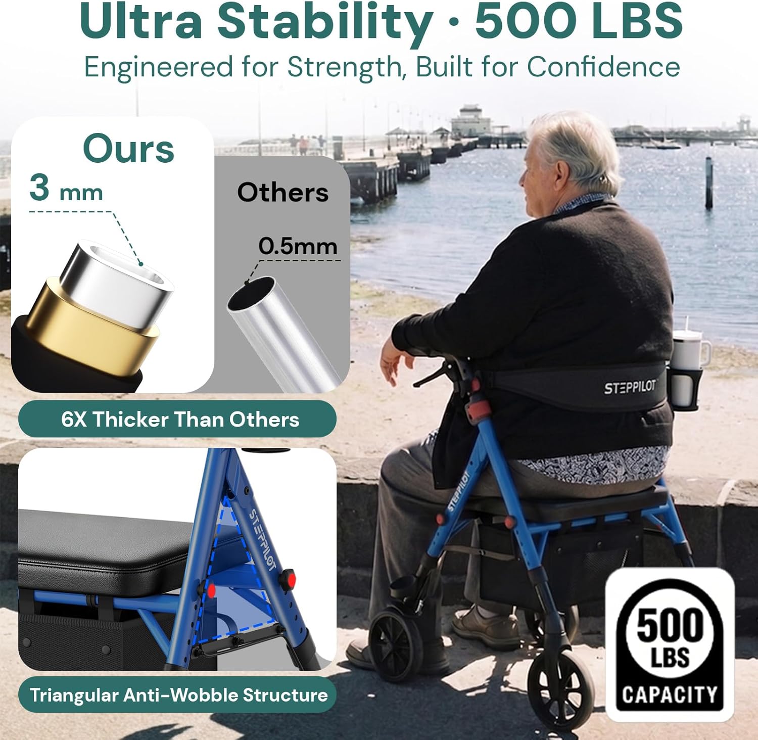 Bariatric Rollator Walker with Seat, 500 lb Aluminum Frame, 8 in All-Terrain Wheels

