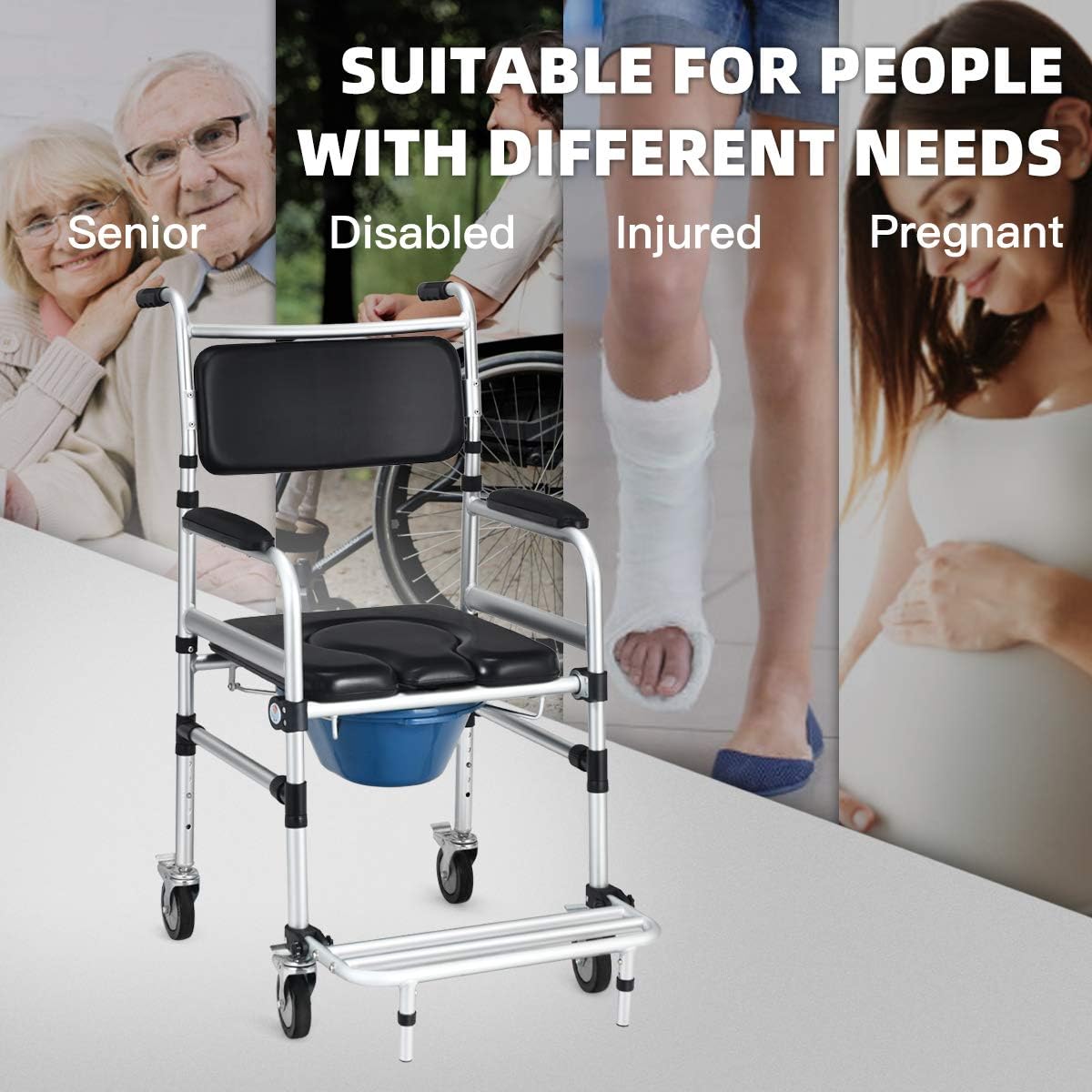 Goplus 4-in-1 Shower Commode Wheelchair with Arms, Rolling Toilet Chair

