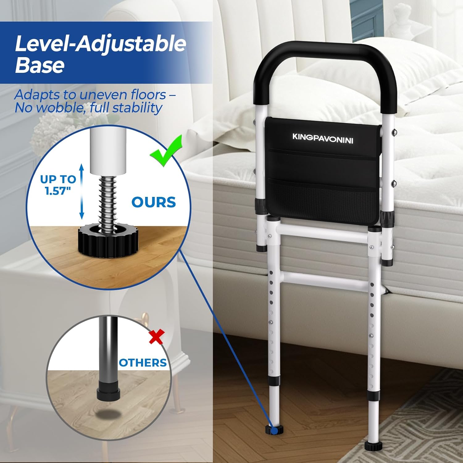 KingPavonini Bed Rails for Elderly Safety ASTM-Approved Bed Cane Anti-Wobble Feet

