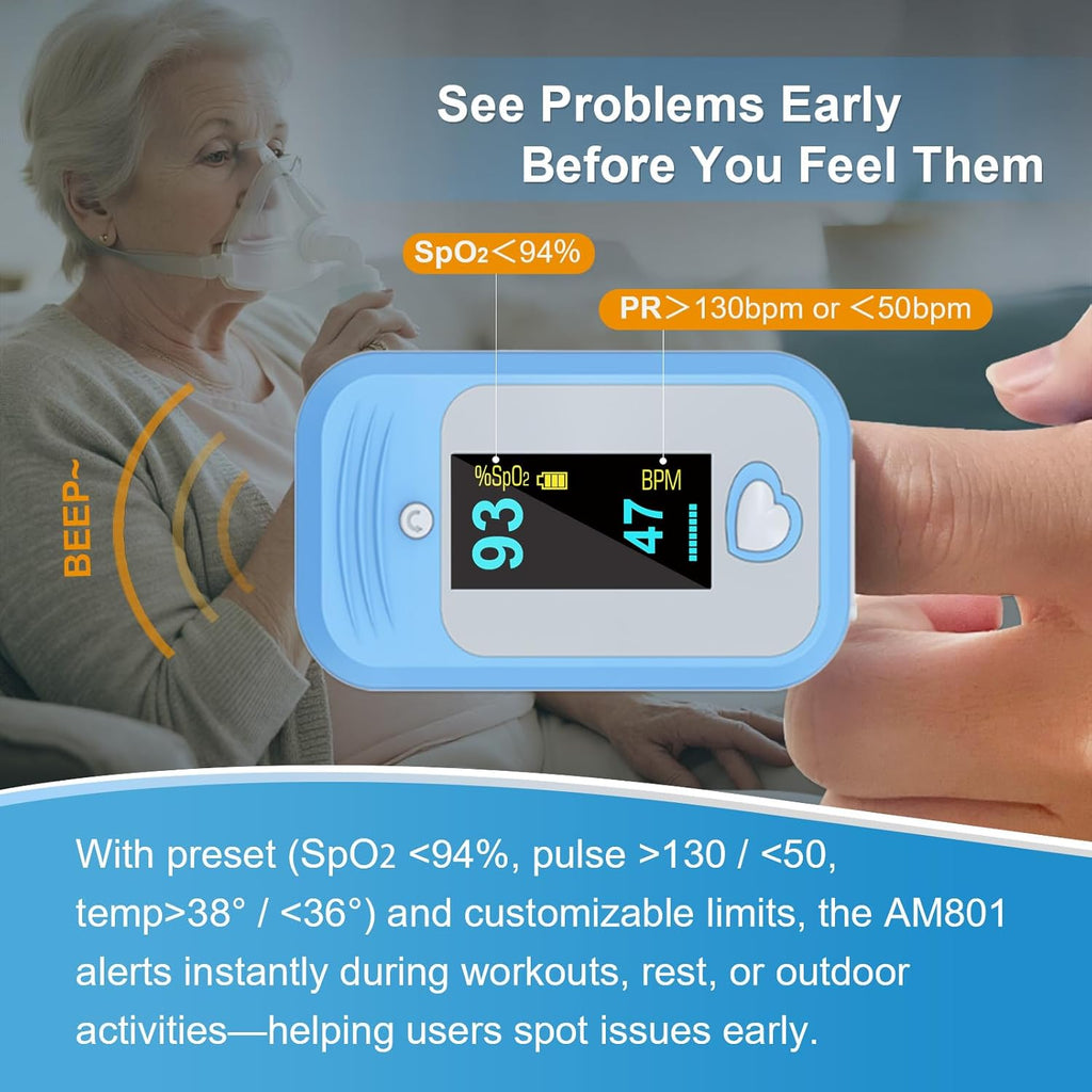 AM801 5-in-1 Medical Grade Pulse Oximeter with SpO2, Pulse Rate, Perfusion Index, Temp

