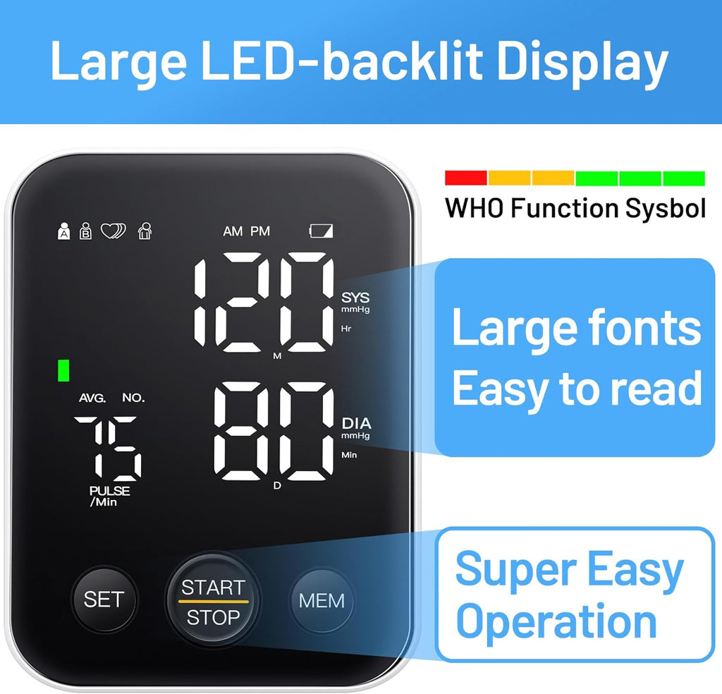 Upper Arm Blood Pressure Monitor Kit, Adjustable Cuff, LED Backlit Display, 2 Users

