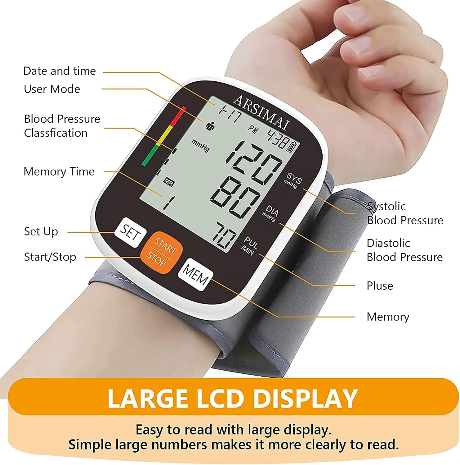 Automatic Wrist Blood Pressure Monitor with Adjustable Cuff, Large LCD, 198 Memory

