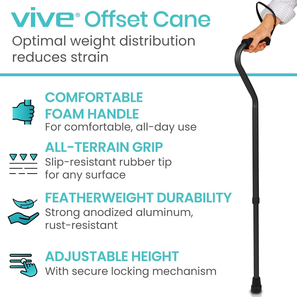 Vive Offset Walking Cane with Comfort-Foam Handle, Lightweight Adjustable

