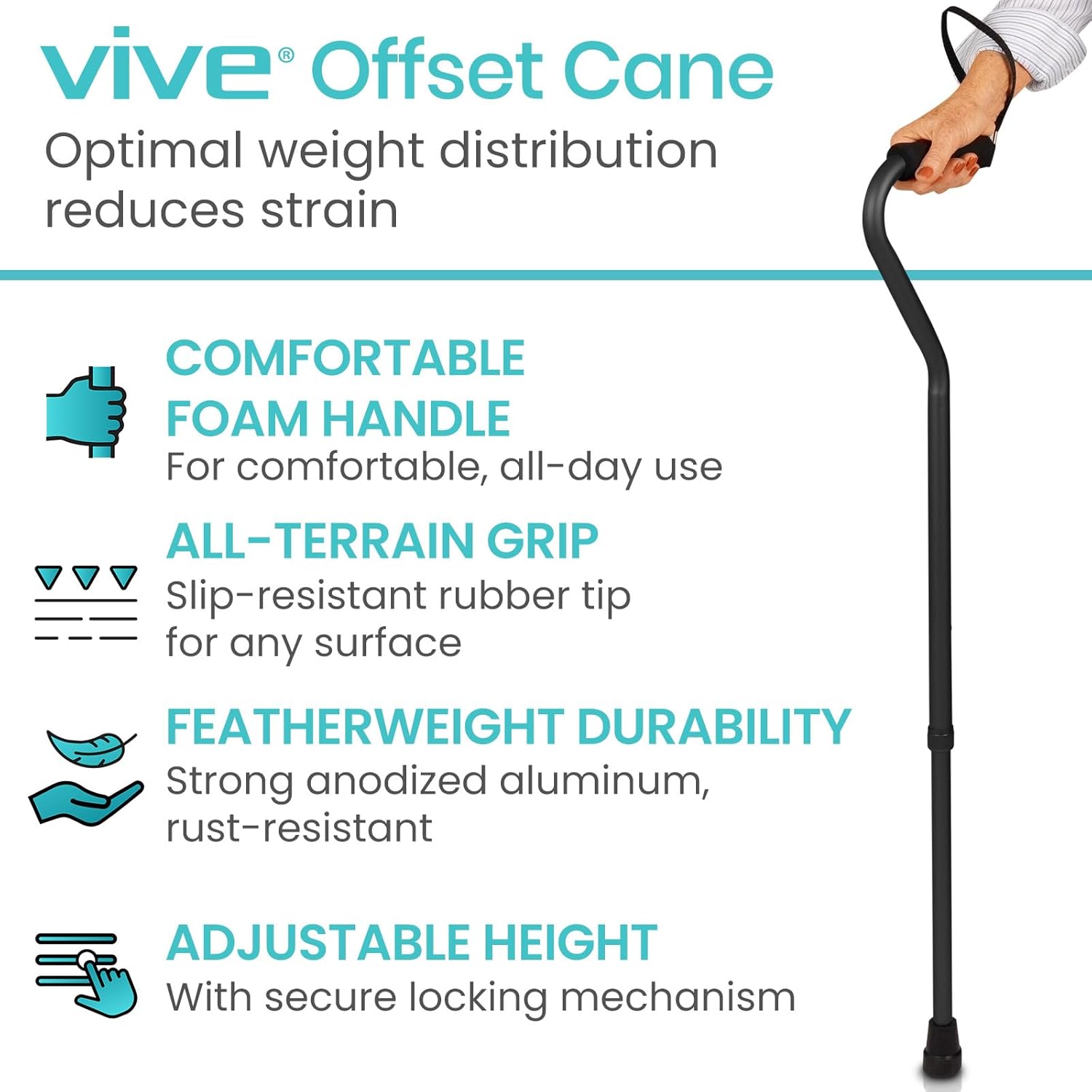 Vive Offset Walking Cane with Comfort-Foam Handle, Lightweight Adjustable

