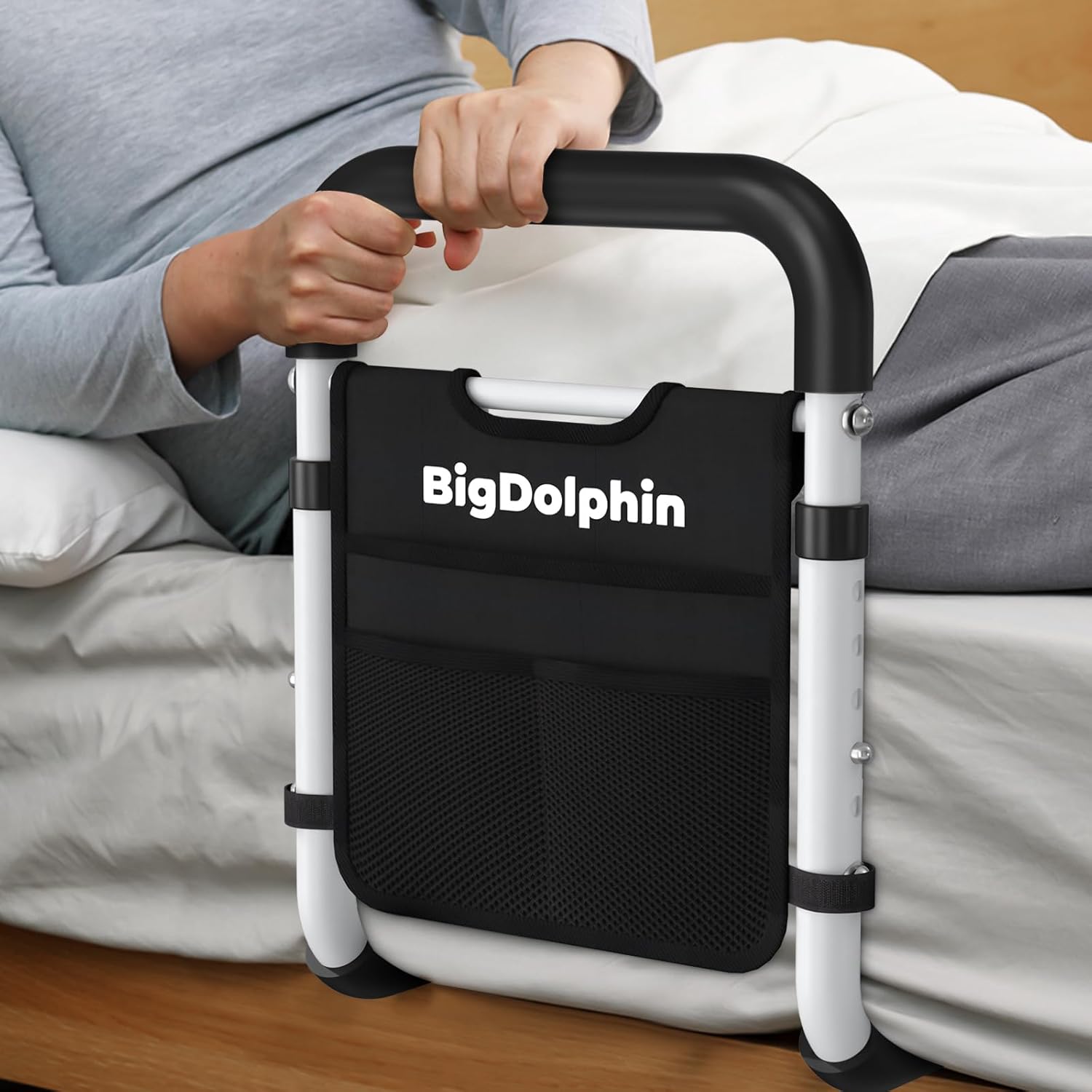 BigDolphin Adjustable Bed Rail for Seniors Safety, Non-Slip Handle, Storage Pocket

