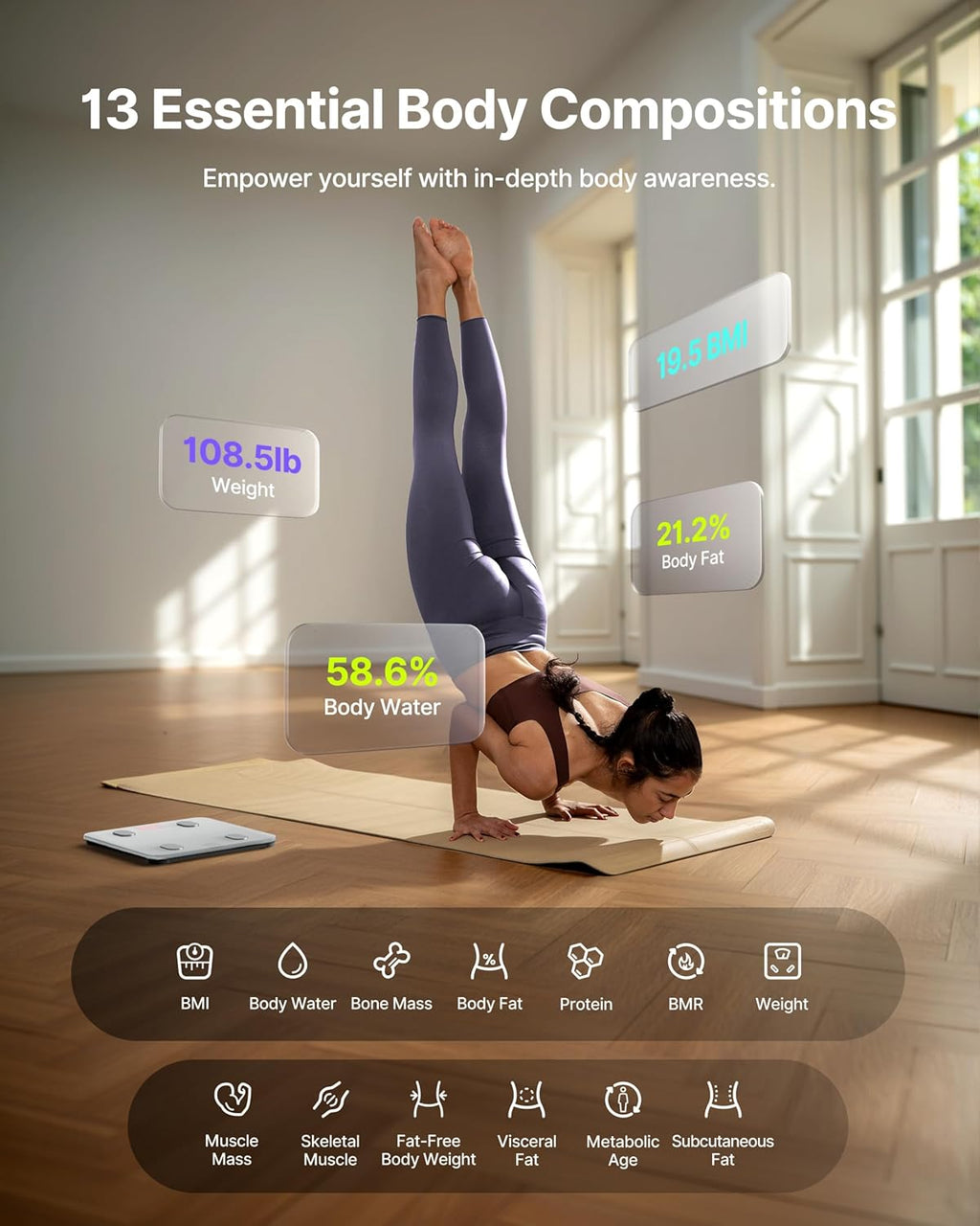 FITINDEX Smart Body Composition Scale with BMI, Body Fat, Muscle Mass for Bathroom

