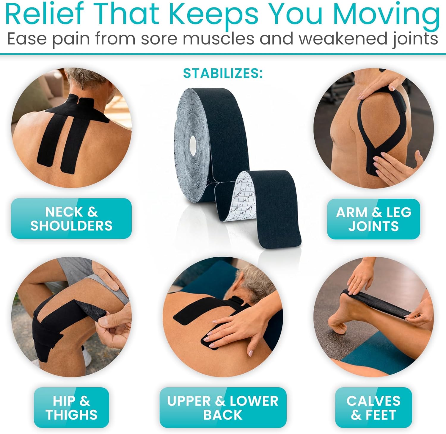 Vive Kinesiology Tape Roll, Precut Sports Strips for Muscle and Joint Support

