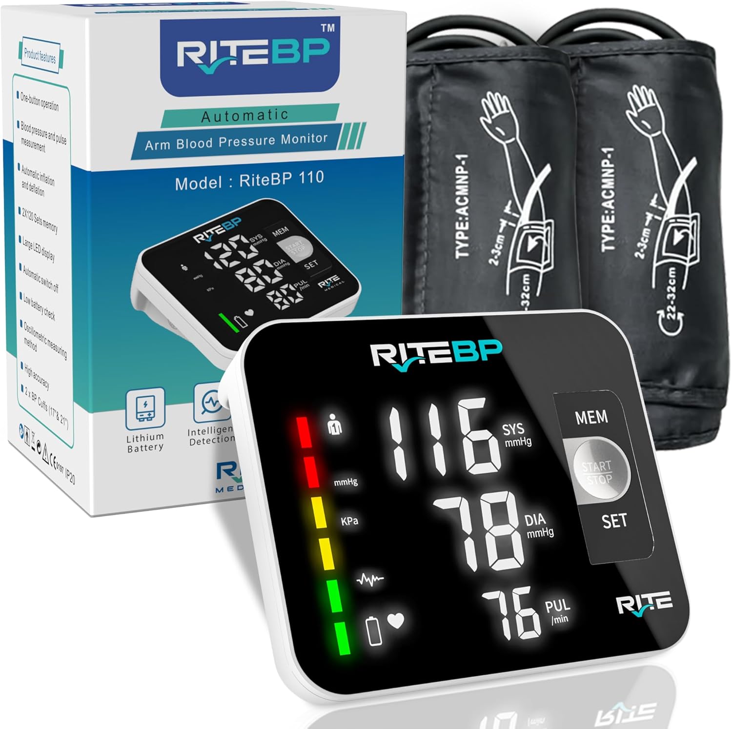 RiteBP Upper Arm Digital Blood Pressure Monitor, USB Type-C Rechargeable

