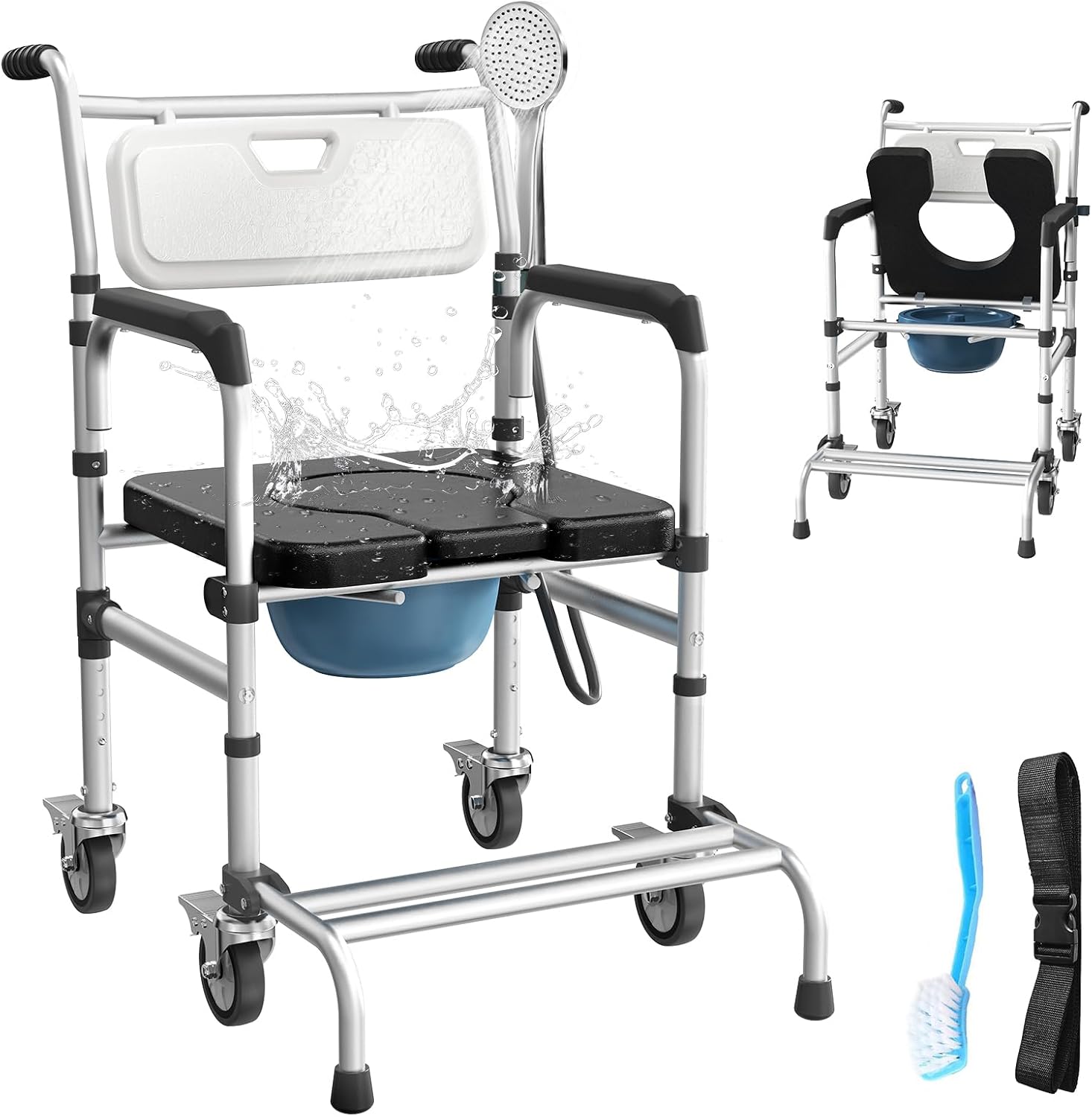 4-in-1 Rolling Bedside Commode Chair with Wheels for Shower and Raised Toilet Seat

