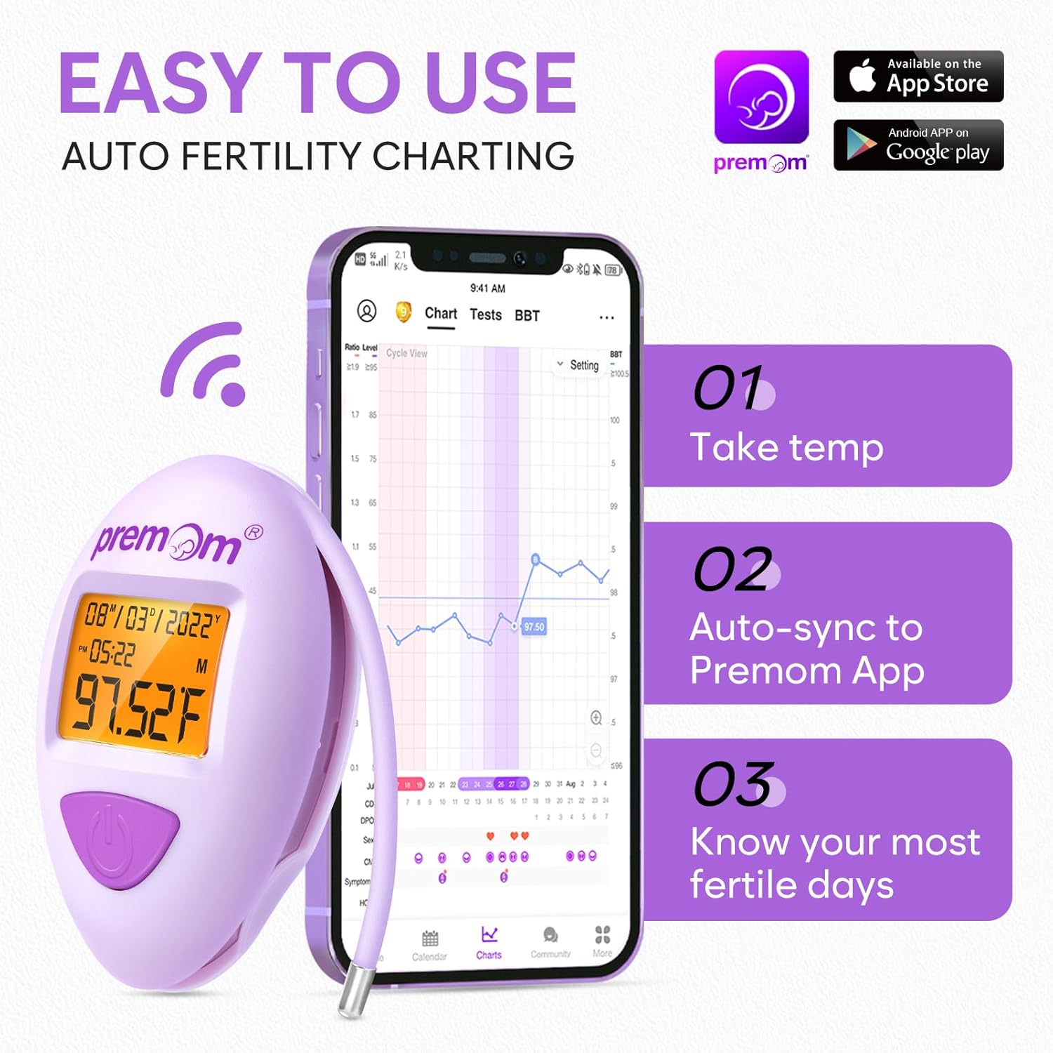 Premom Smart Basal Body Thermometer for Ovulation, Long-Tip Digital BBT EBT-380

