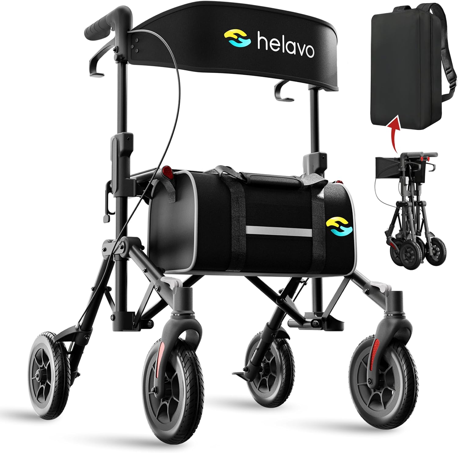 Helavo Ultra-Compact Rollator Walker with Seat, Double-Fold, 8 in Rubber Wheels

