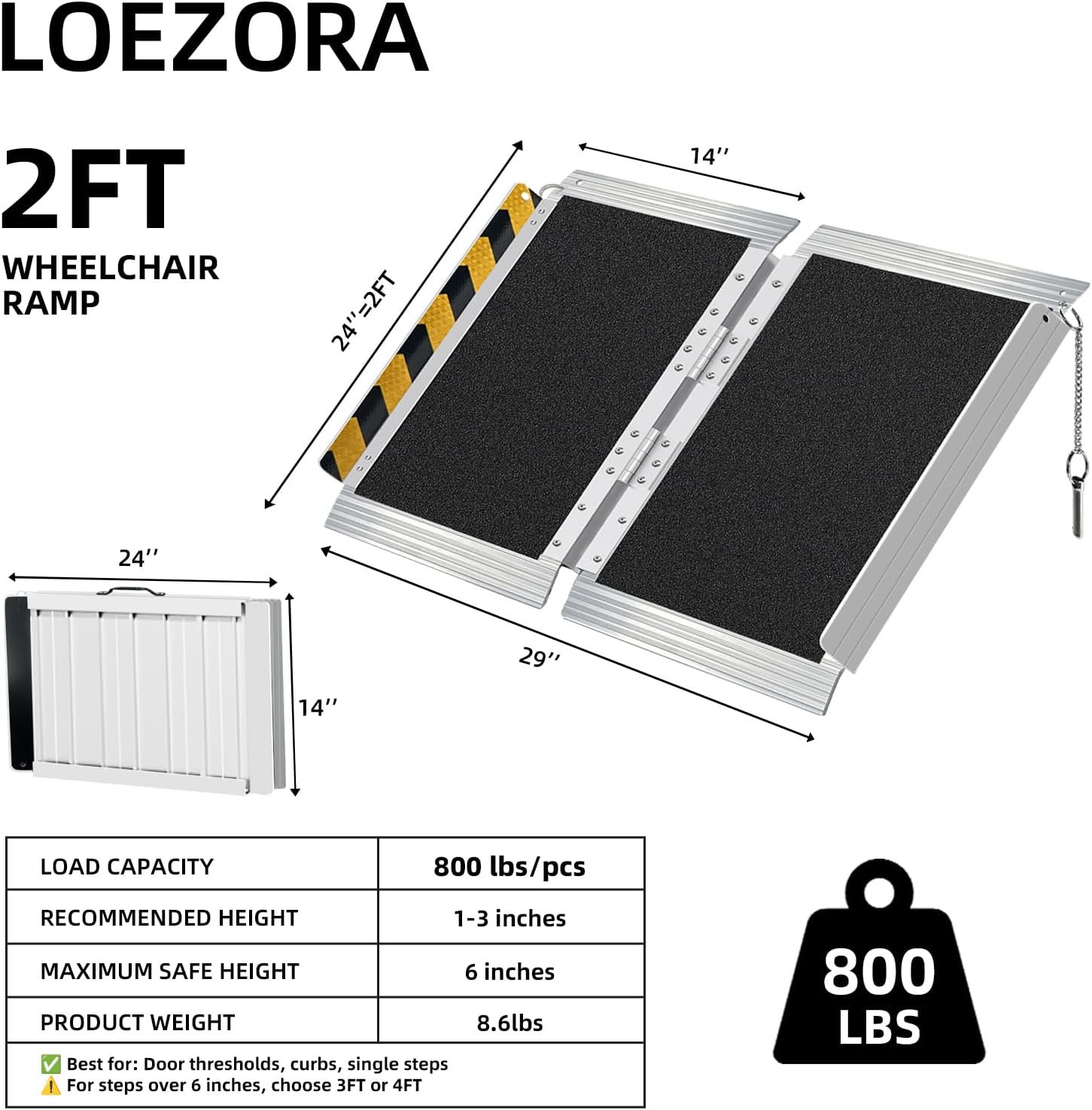 Wheelchair Ramp for Door Thresholds & Curbs, Non-Slip Aluminum, 800 lb Capacity

